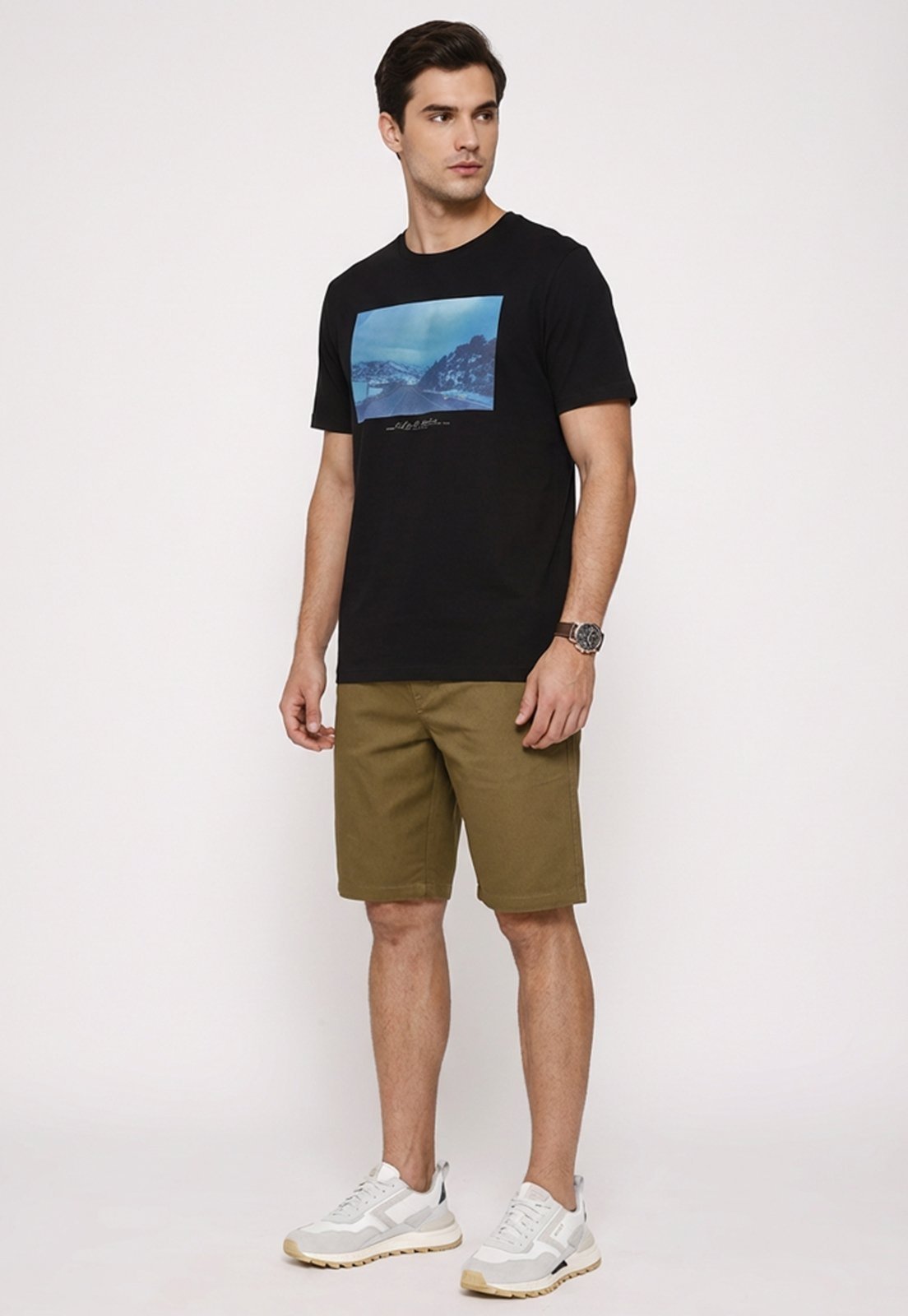 Vista 3 Bermuda Masculina Sarja Cós Elástico Casual Confortável Estilo Urbano Marrom Macaw bege Macaw bege