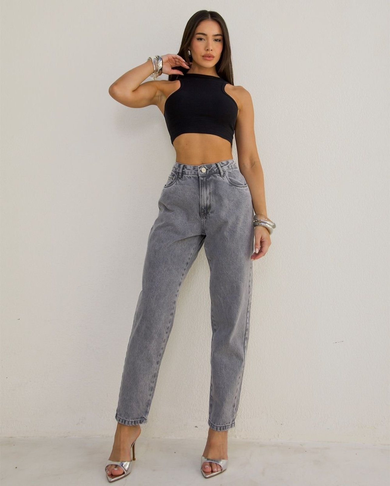Calça Jeans Mom Feminina Básica Cintura Alta 00134 Cinza Consciência