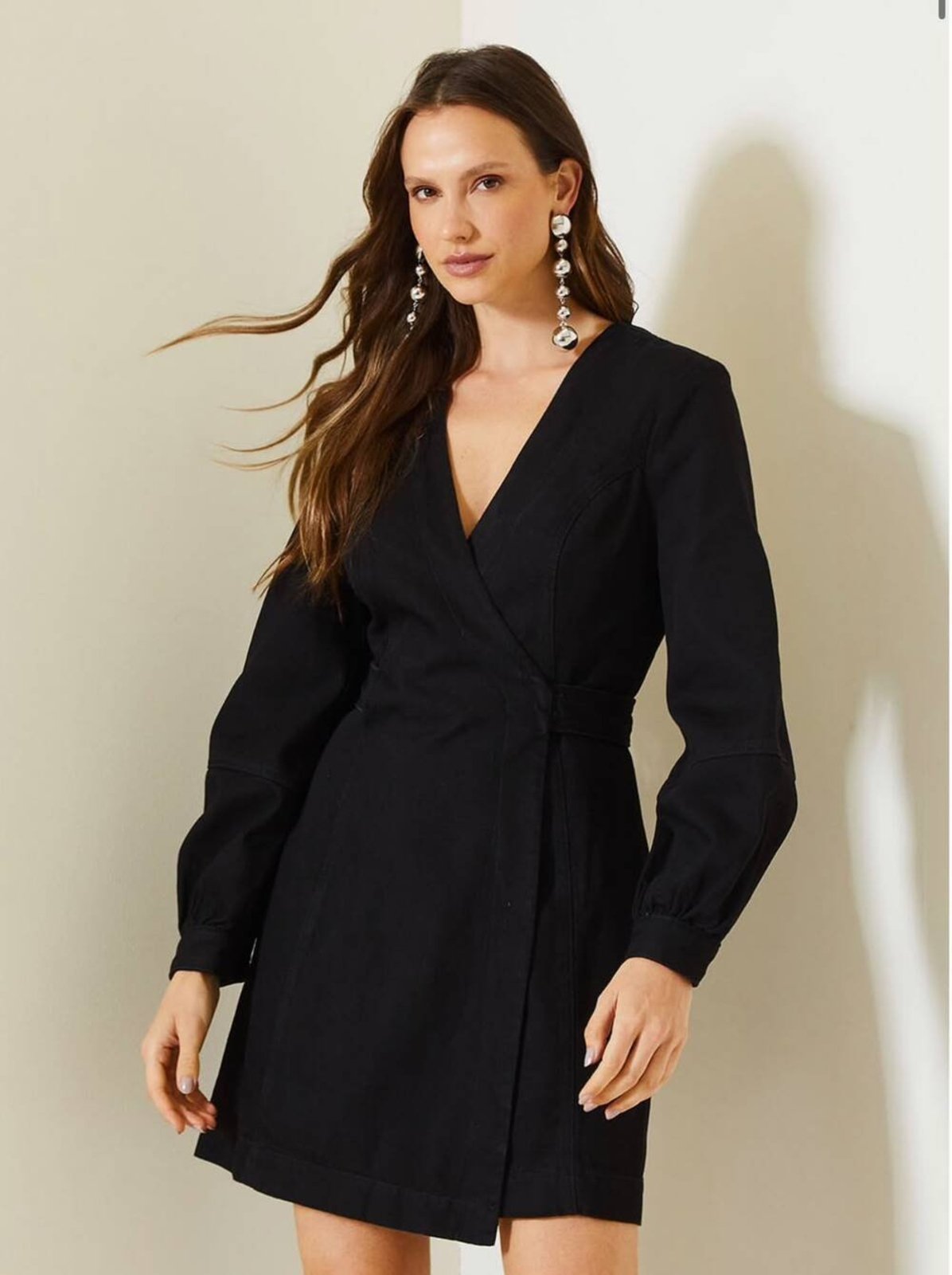 Vestido Curto Jeans Transpassado com Manga Longa Triton Indigo Preto