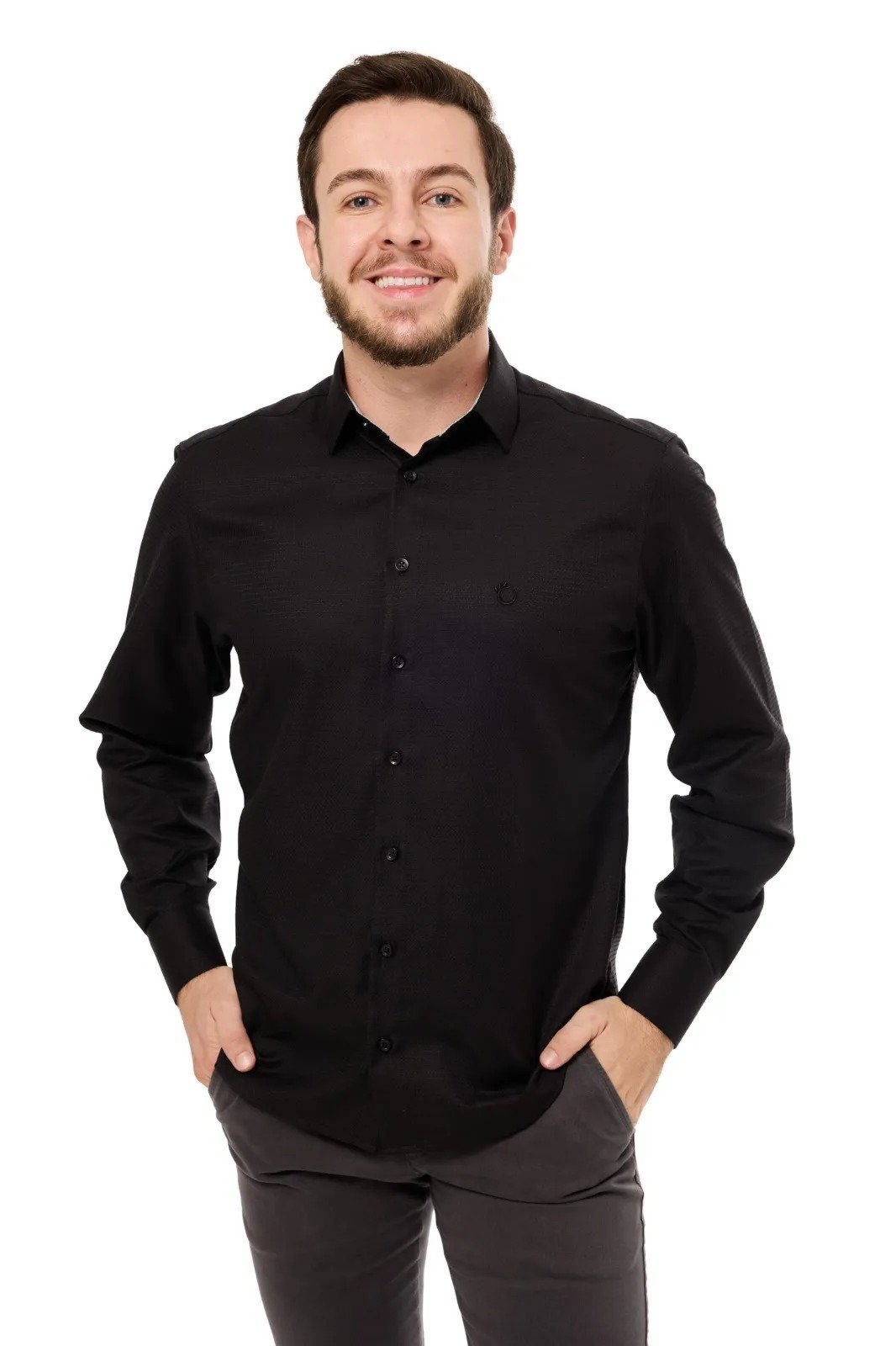 Camisa Social Masculina Slim Olimpo Maquinetada Manga Longa Preta