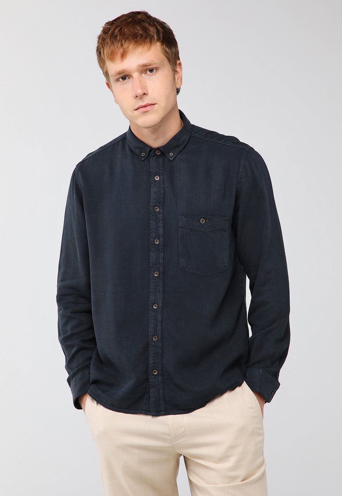 Camisa Masculina Dudalina Gola Button Down Azul Marinho