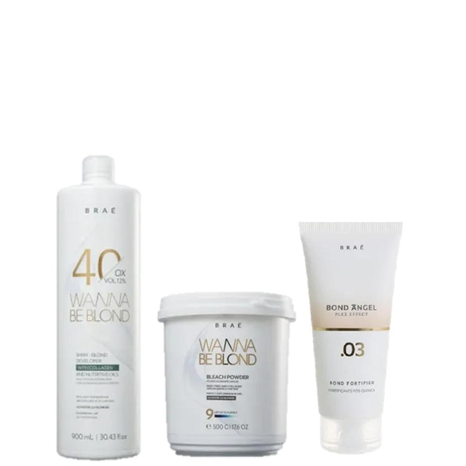 Vista 2 BRAÉ Wanna Be Blond 12% Água Oxigenada 40 Volumes 900ml Pó Descolorante 500g e Plex Efect 100ml multicolorido BRAÉ multicolorido