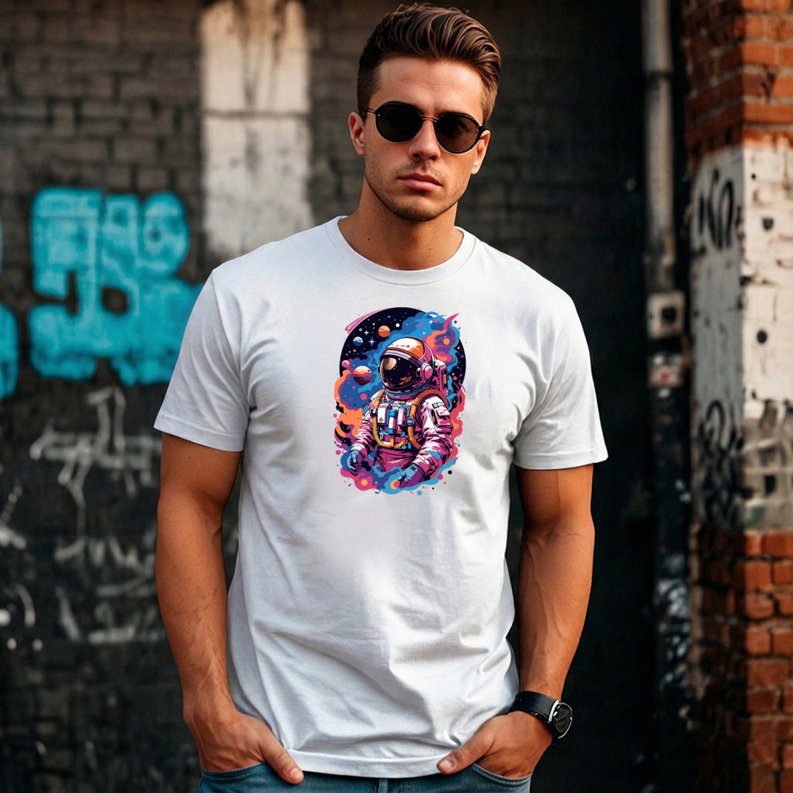 Camiseta Masculina Sartre Algodão Básica Branca Manga Curta Gola Redonda Estilo Versátil Conforto Macia Estampa Astronauta