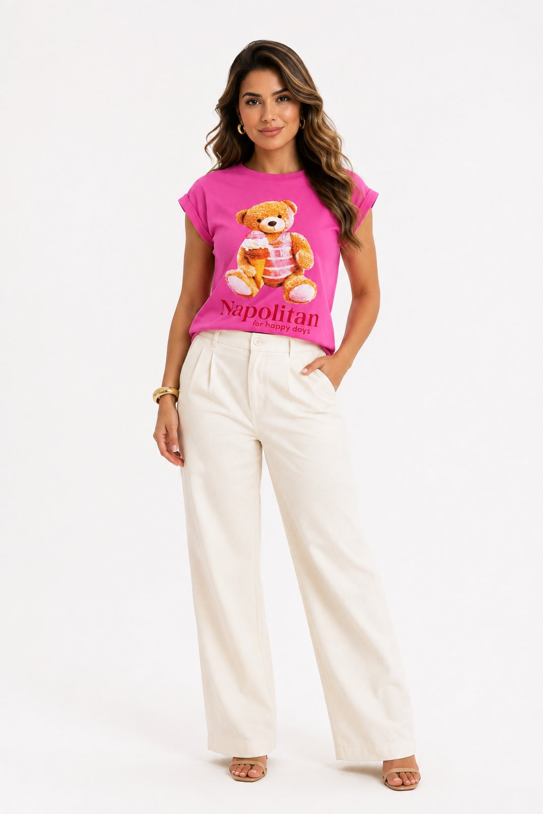 Camiseta D Bell Outlet Fashion Malha Panteada Estampa Ursinho Rosa