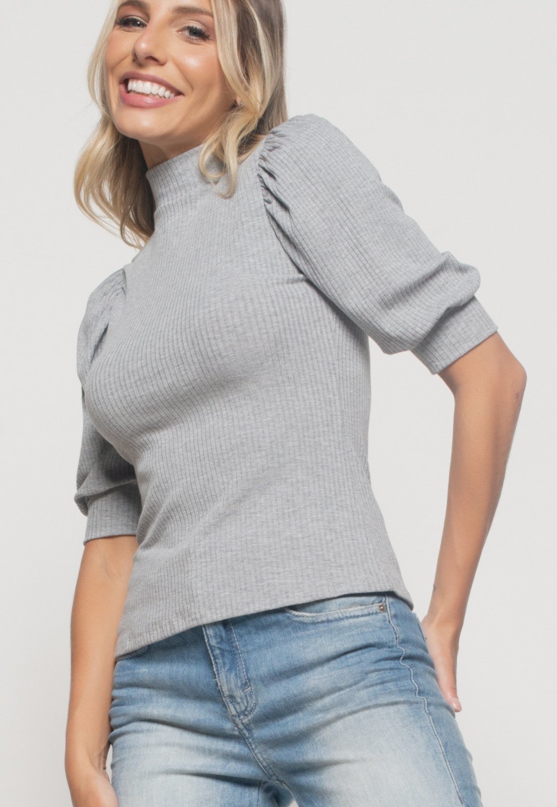Blusa Salvatore Princesa Manga Curta Canelada Mescla