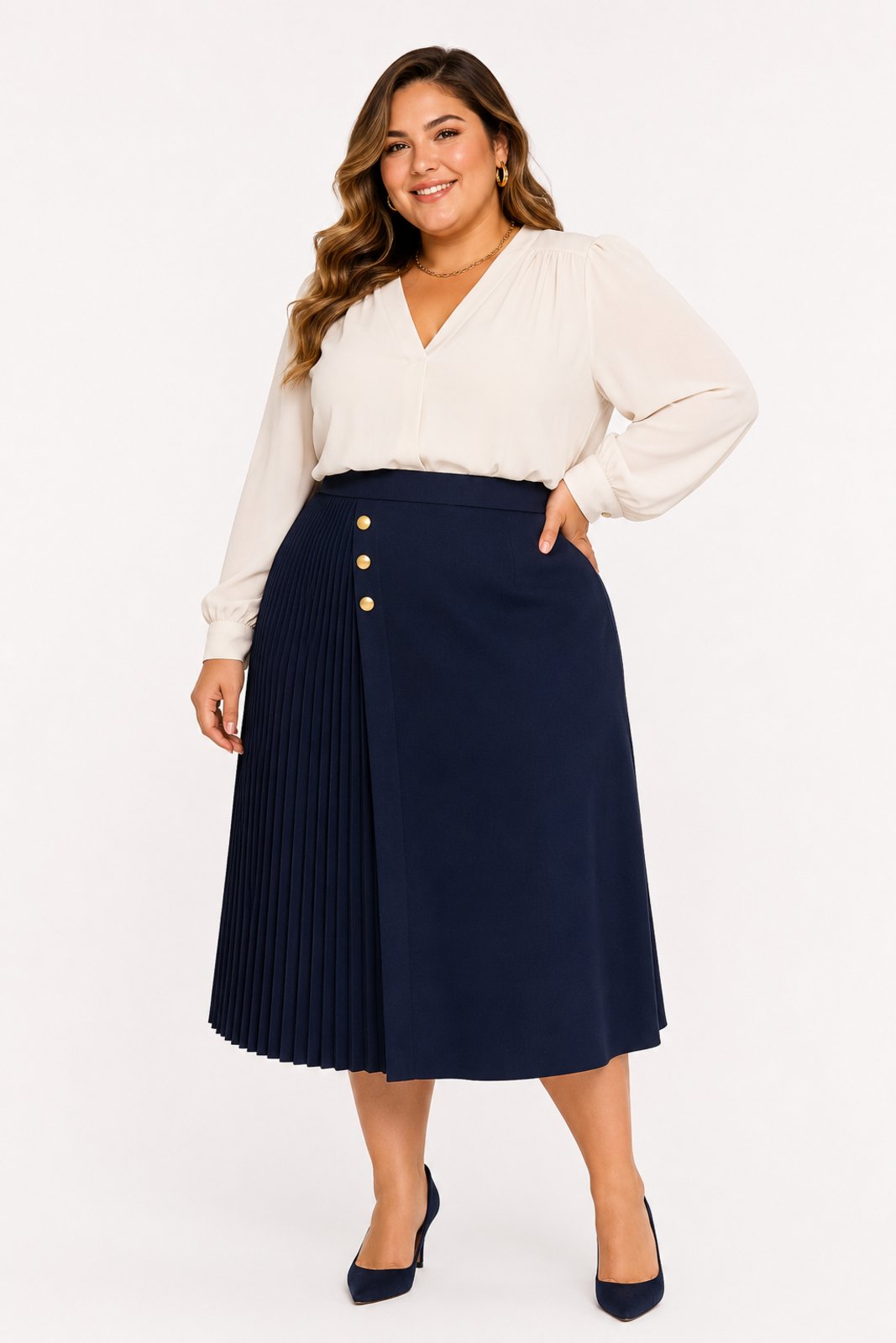 Saia Midi Plus Size D Bell Outlet Fashion Alfaiataria Azul Marinho