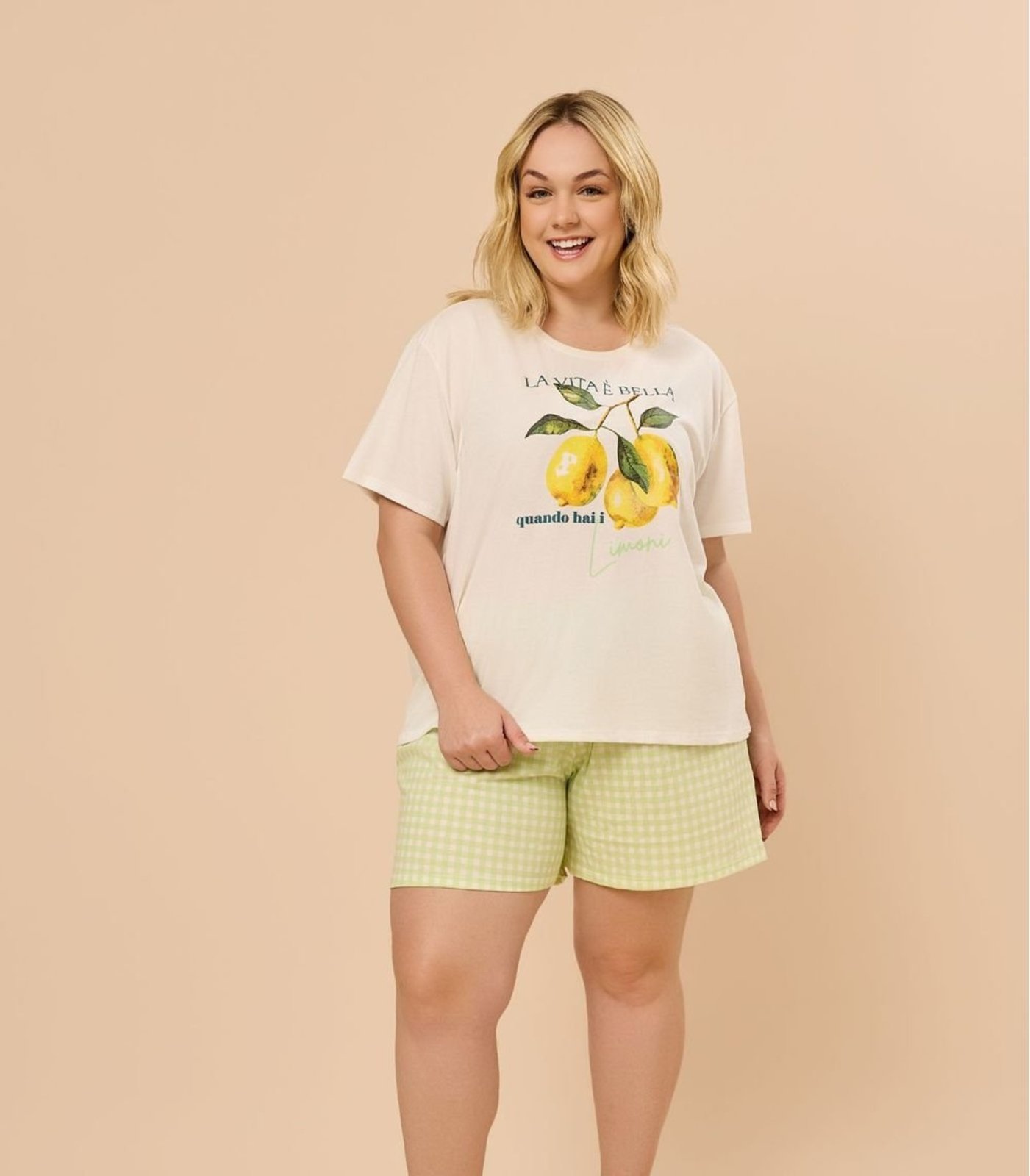 Vista 2 Pijama Feminino Plus Size Manga Curta Evanilda bege Evanilda bege