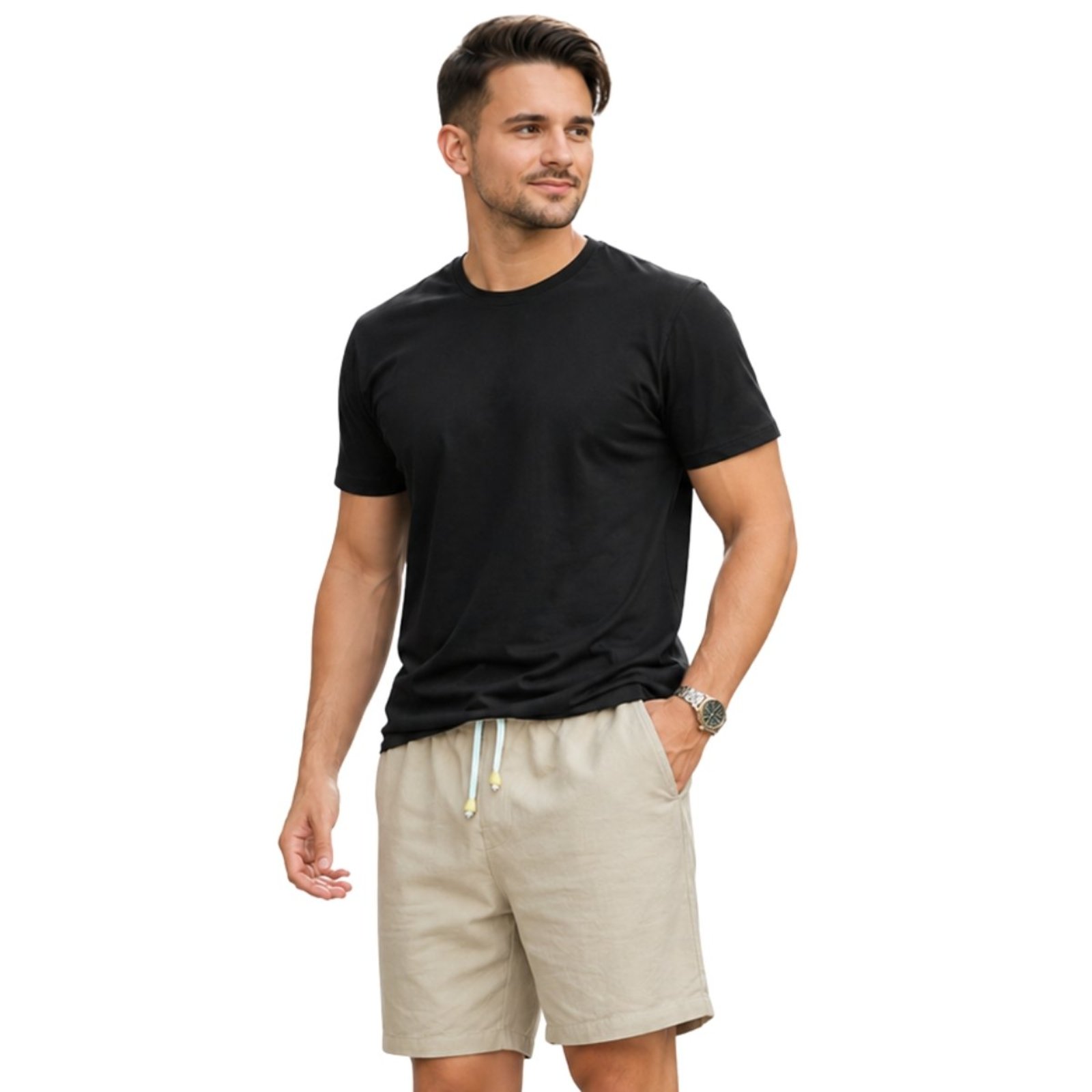 Conjunto Short Masculino Bermuda Linho Premium + Camiseta Basica Moda Sofisticada