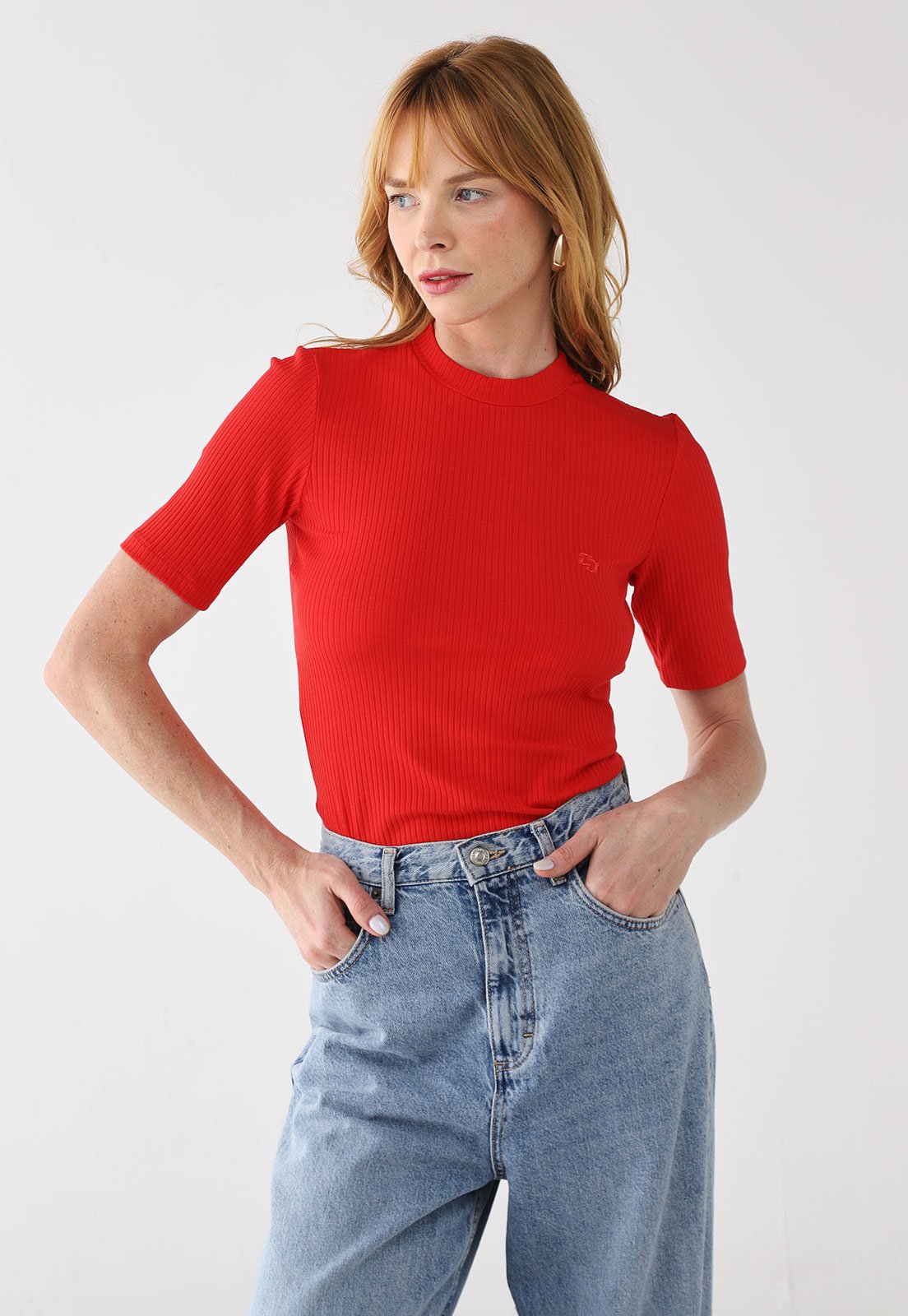 Blusa Feminina Colcci Canelada Gola Alta Vermelha
