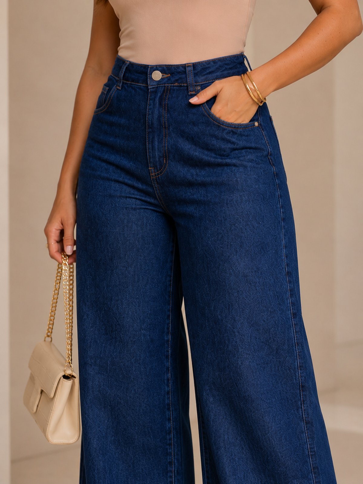 Calça Wide Leg Feminina Mys Jeans Escura Casual Elegante