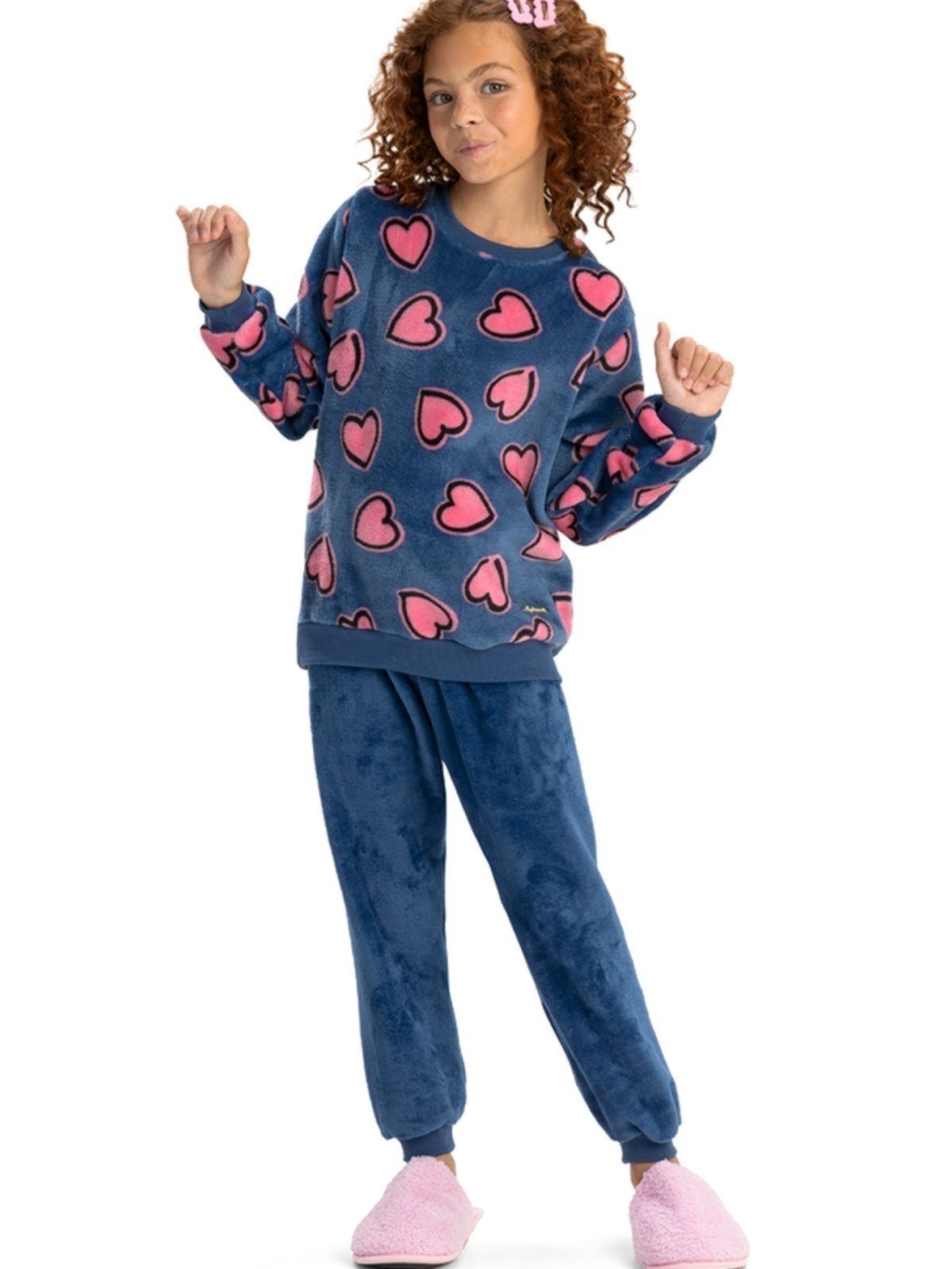 Pijama em Fleece Magicamente Corações Marinho
