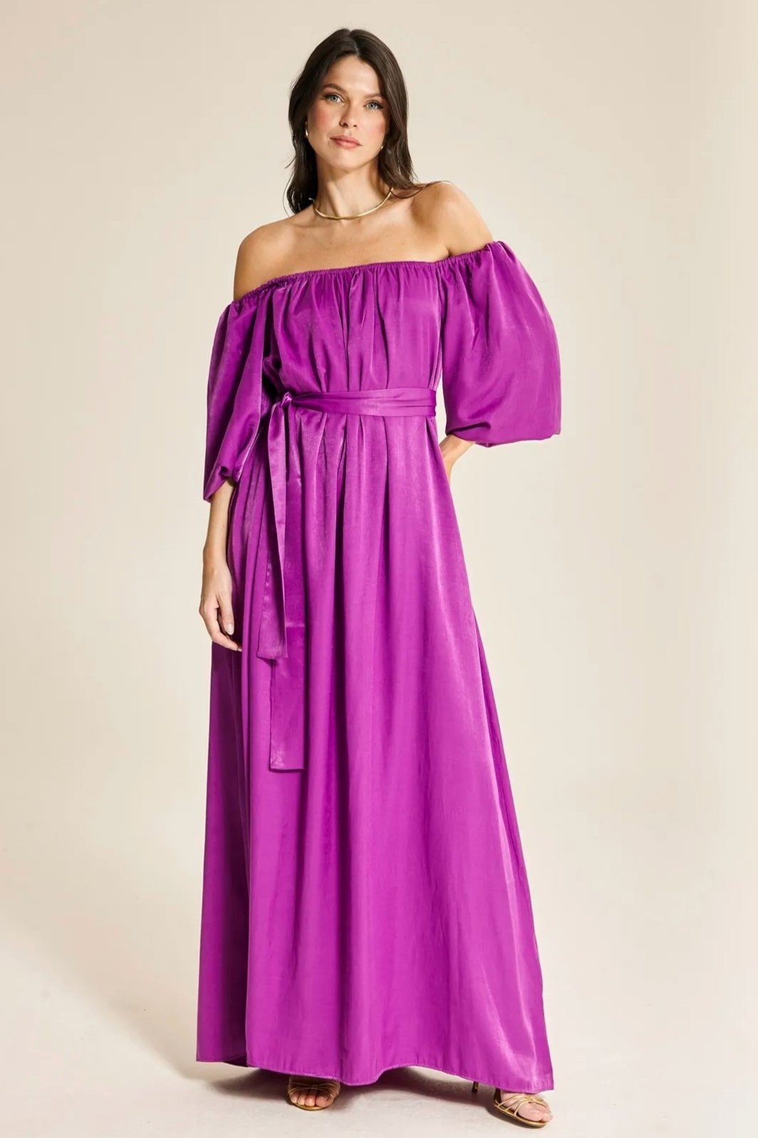 Vestido Longo Ombro a Ombro Manga Gloss Ruth – Magenta