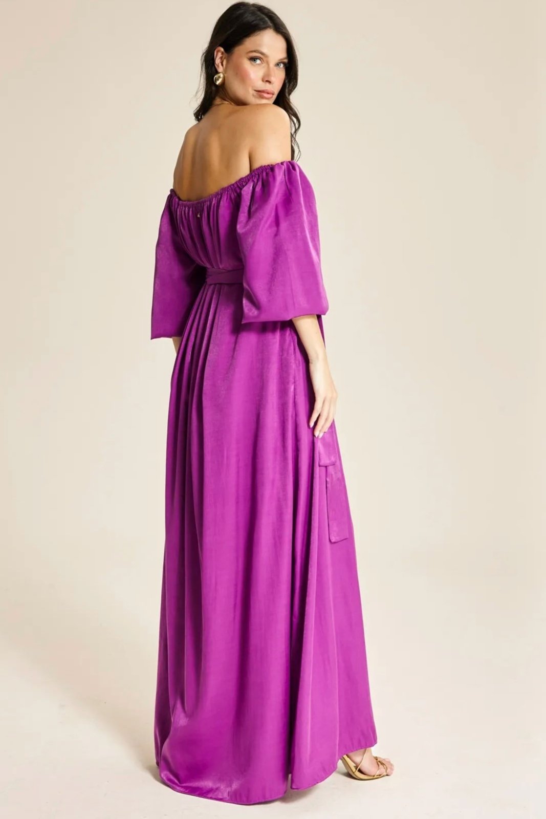 Vista 3 Vestido Longo Ombro a Ombro Manga Gloss Ruth - Magenta pink magenta pink magenta