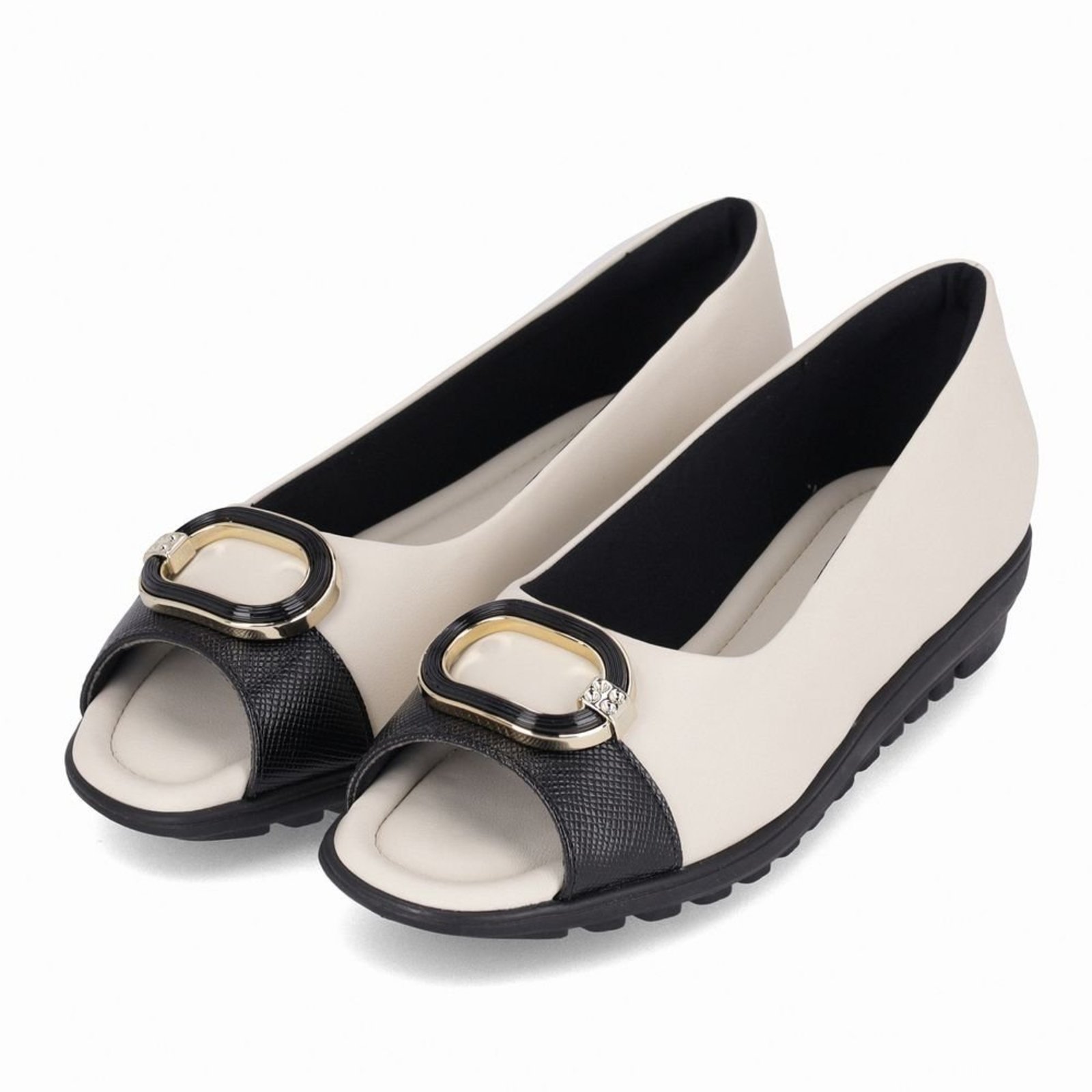 Vista 3 Peep Toe Anabela Baixo Off White com Preto Piccadilly branco white Piccadilly branco white