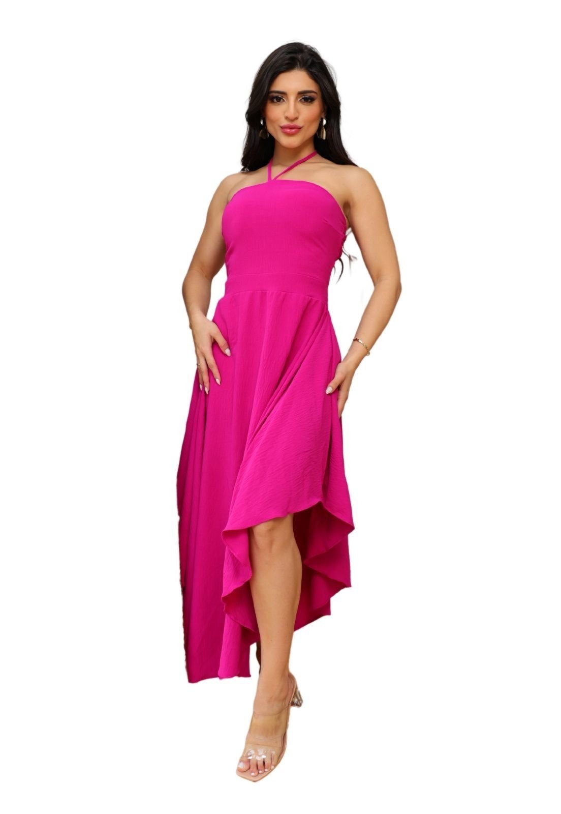 Vestido Midi Frente Única Costas Amarração Gina Pink