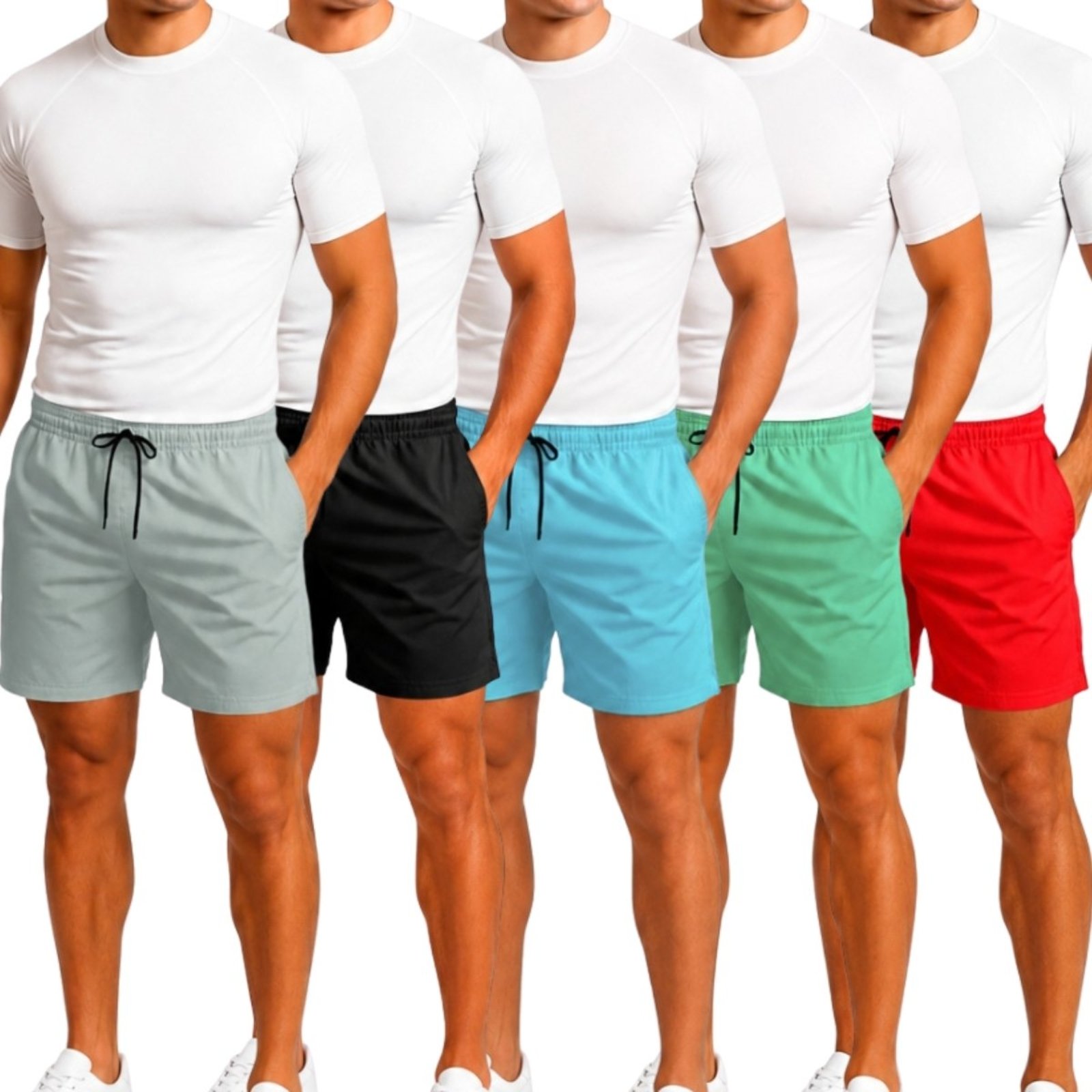 Vista 2 Kit 5 Short Tactel Leve Moda Praia Liso Bermuda Masculina Relaxado branco Relaxado branco
