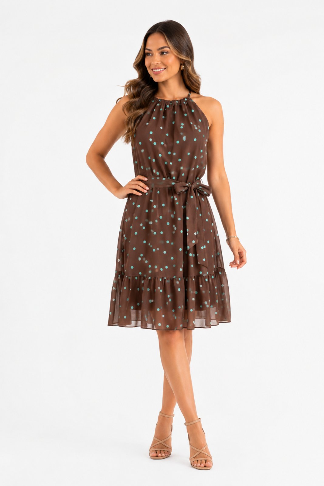 Vestido Midi D Bell Outlet Fashion Tule Estampado Poá Marrom Chocolate