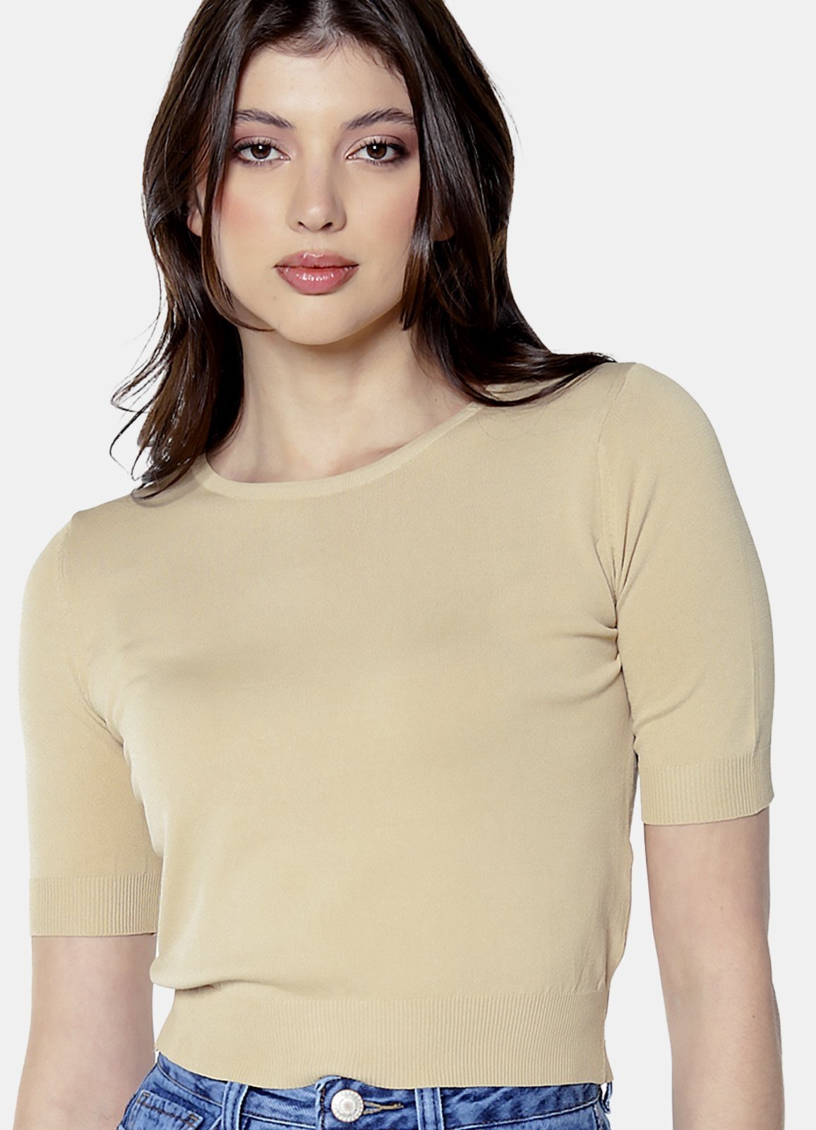 Vista 2 Blusa Básica Viscose Manga Curta SOB bege SOB bege