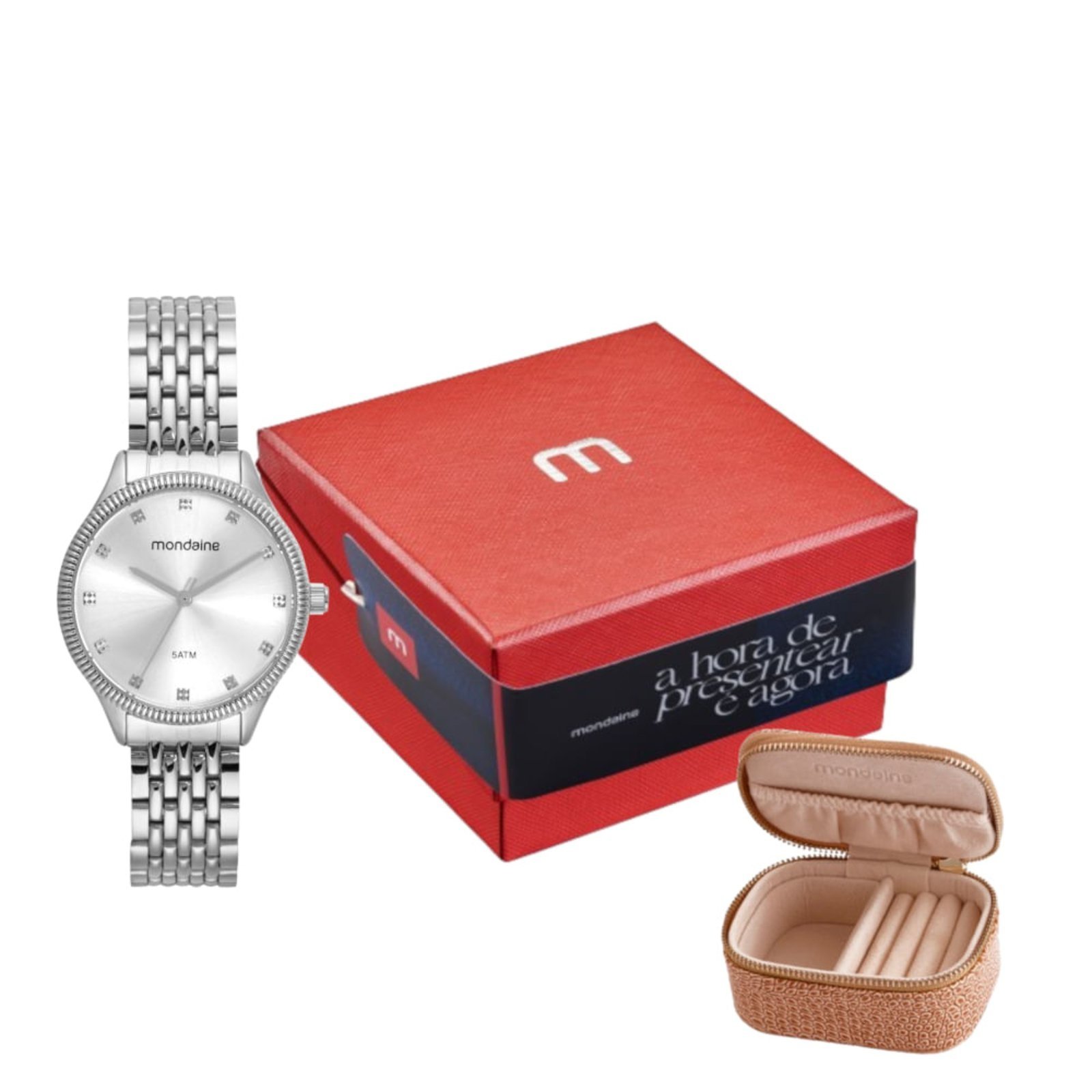 Kit Relógio Feminino Cristais Prata com Porta Jóias Mondaine