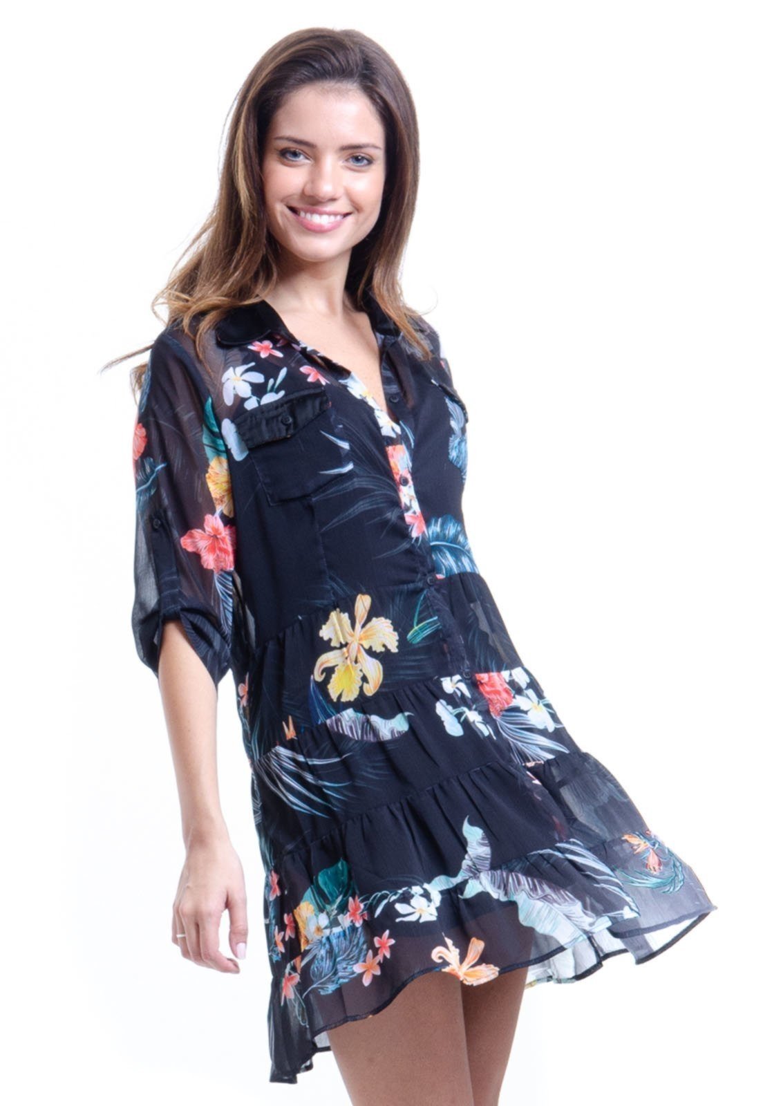 Chemise Evasê Saida Crepe Semi transparente Floral Fundo Preto