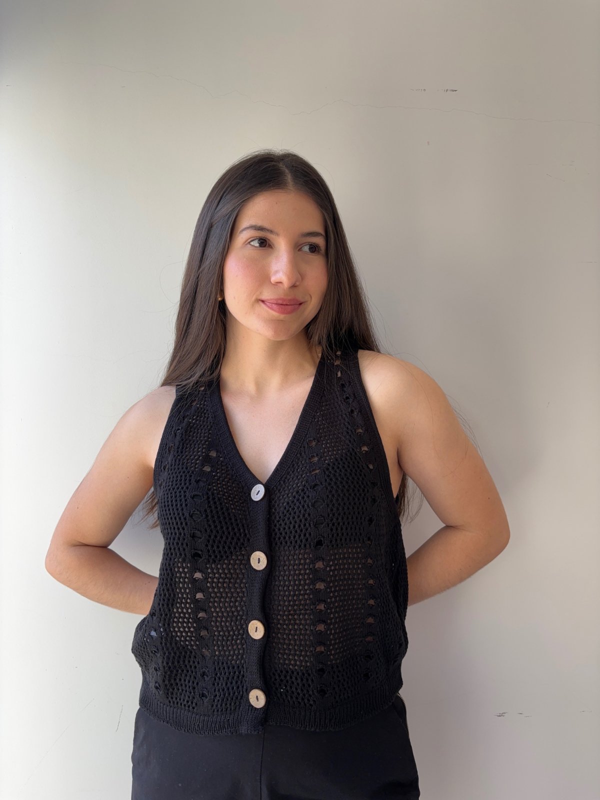 Colete La Cor Tricot Rendado Preto