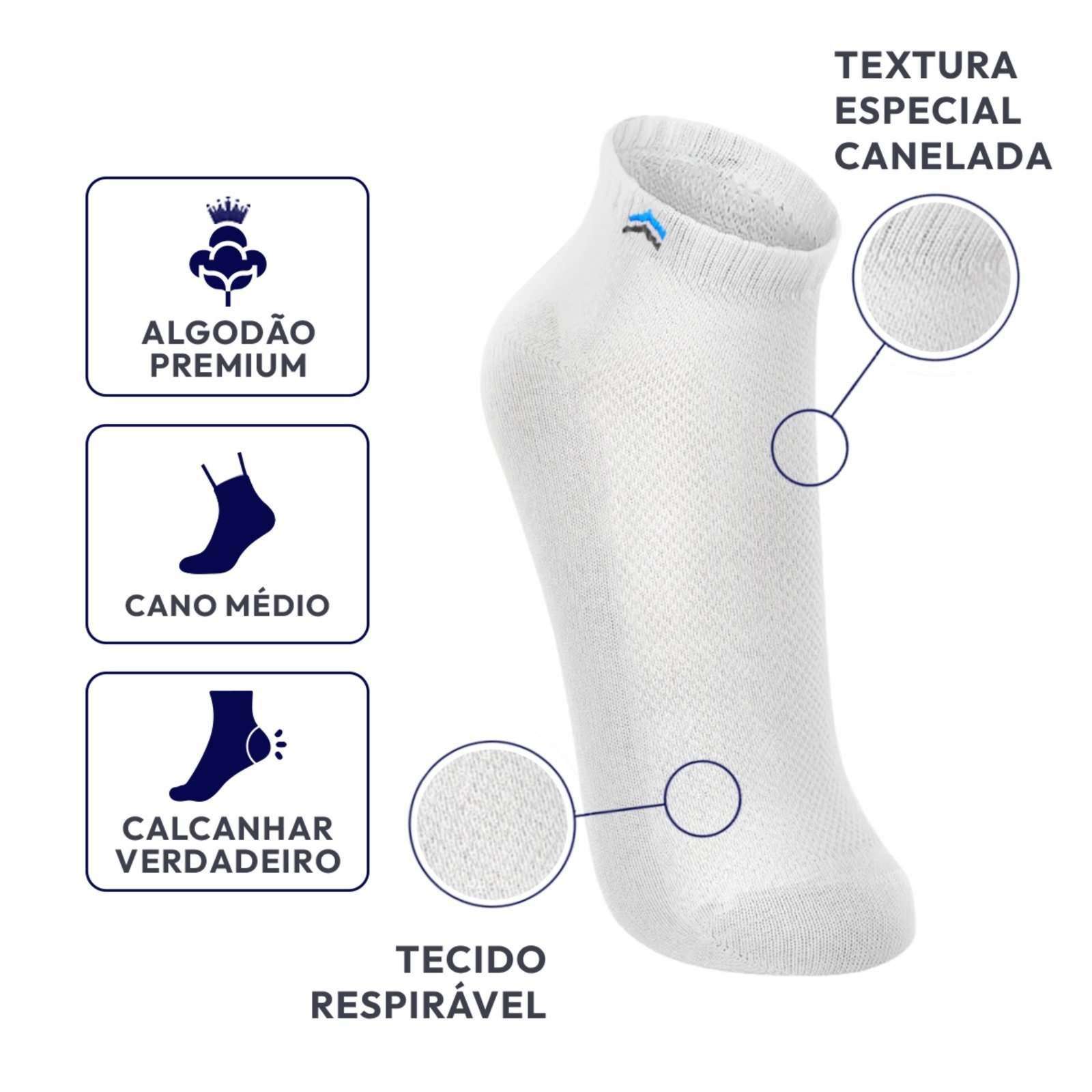 Vista 3 Kit 6 Pares de Meias Up 3225 Cano Curto Algodão QLC SPORT branco