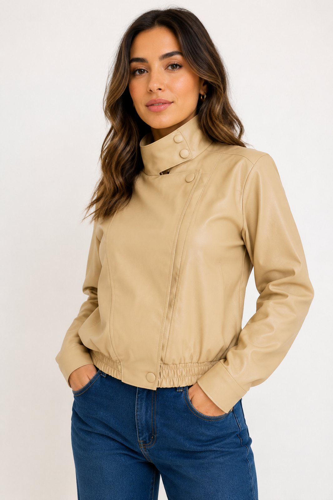 Jaqueta Feminina D Bell Outlet Fashion Bomber Couro Bege