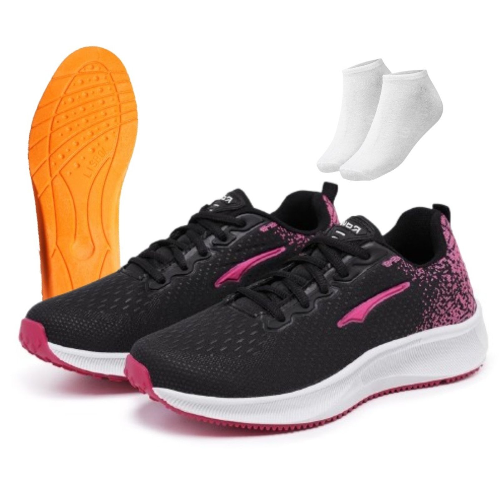 Kit Tênis Feminino Academia Casual Esportivo Macio Ortopédico Preto Pink + Meia e Palmilha