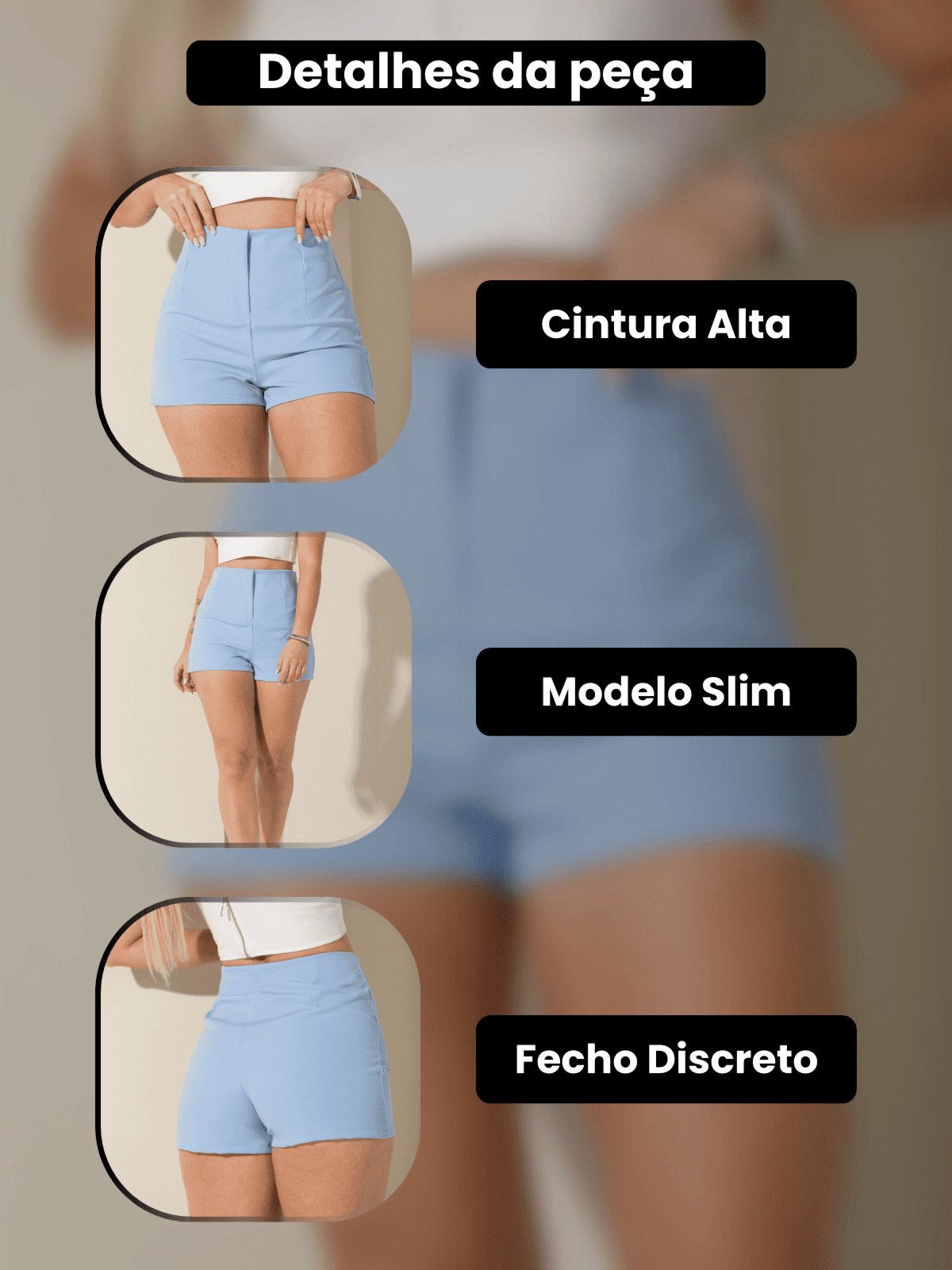Vista 3 Shorts Feminino de Alfaitaria Social Claro Fecho Invisível Elegante Plissado Modelagem Curta Cintura Alta Estiloso Casual Sofisticado Bolsos Frontais Fecho com Botão Minimalista Vicio Fatal azul Vicio Fatal azul