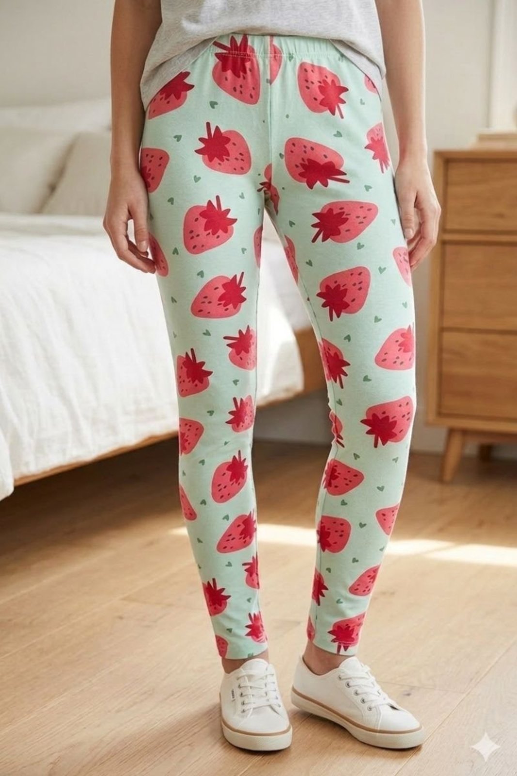 Infantil - Calça Legging Menina Cotton Estampada Morango Confortável Cós Elástico