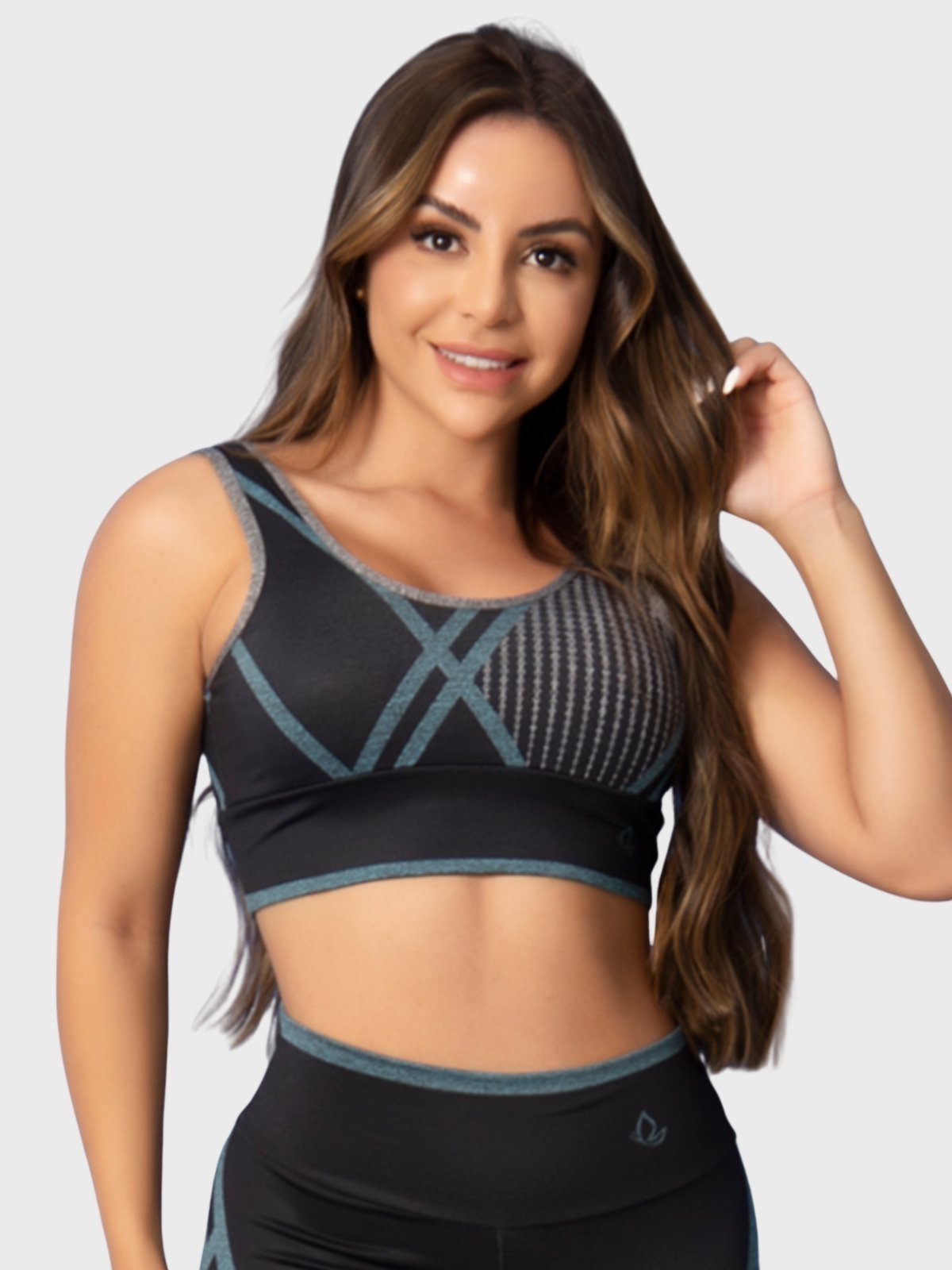 Top Fitness Tarelles Alça Larga Forrado Estampado Preto e Azul