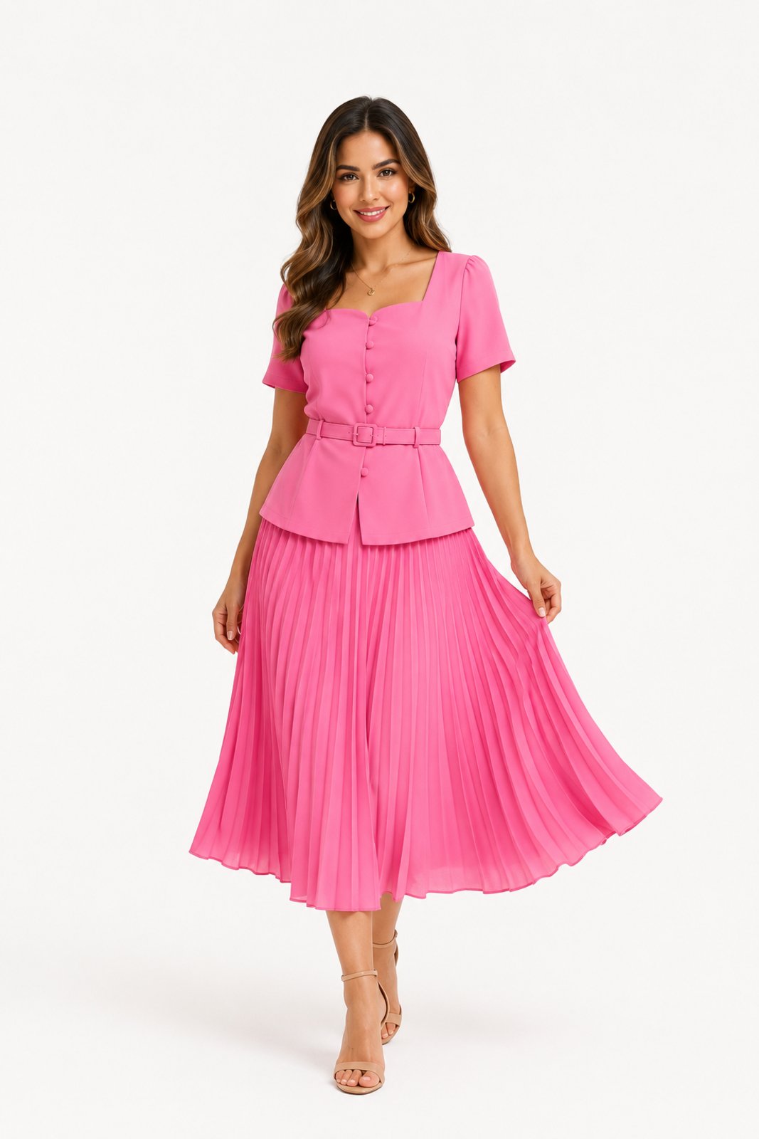 Conjunto Saia Midi D Bell Outlet Fashion Plissada Rosa