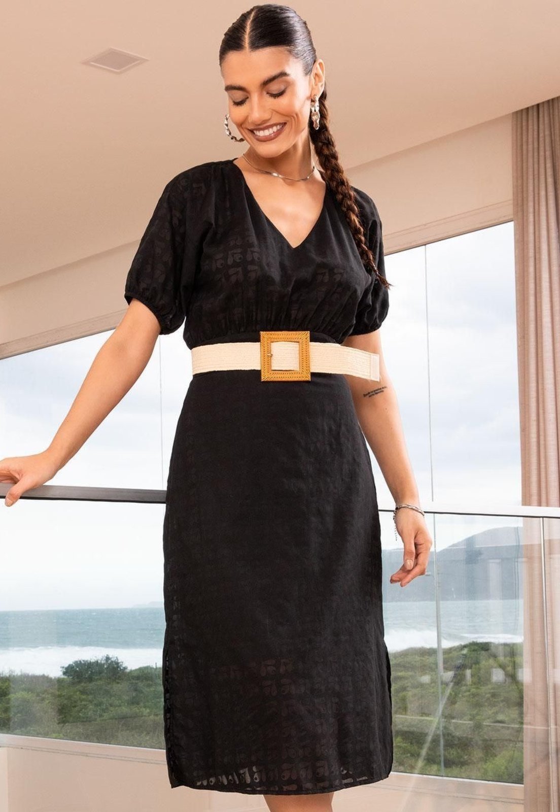 Vestido Em Voil Devorê Preto Quintess