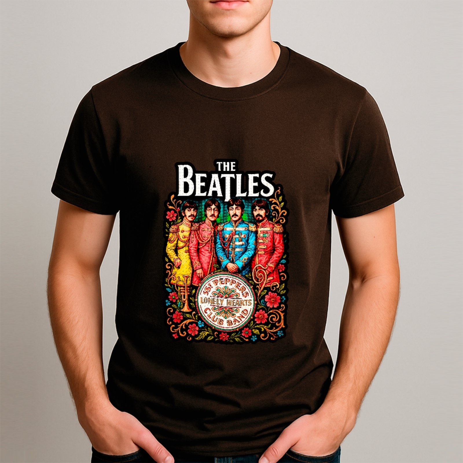 Camiseta Básica The Beatles Arte Psicodélica Clássica Rock Unissex Marrom