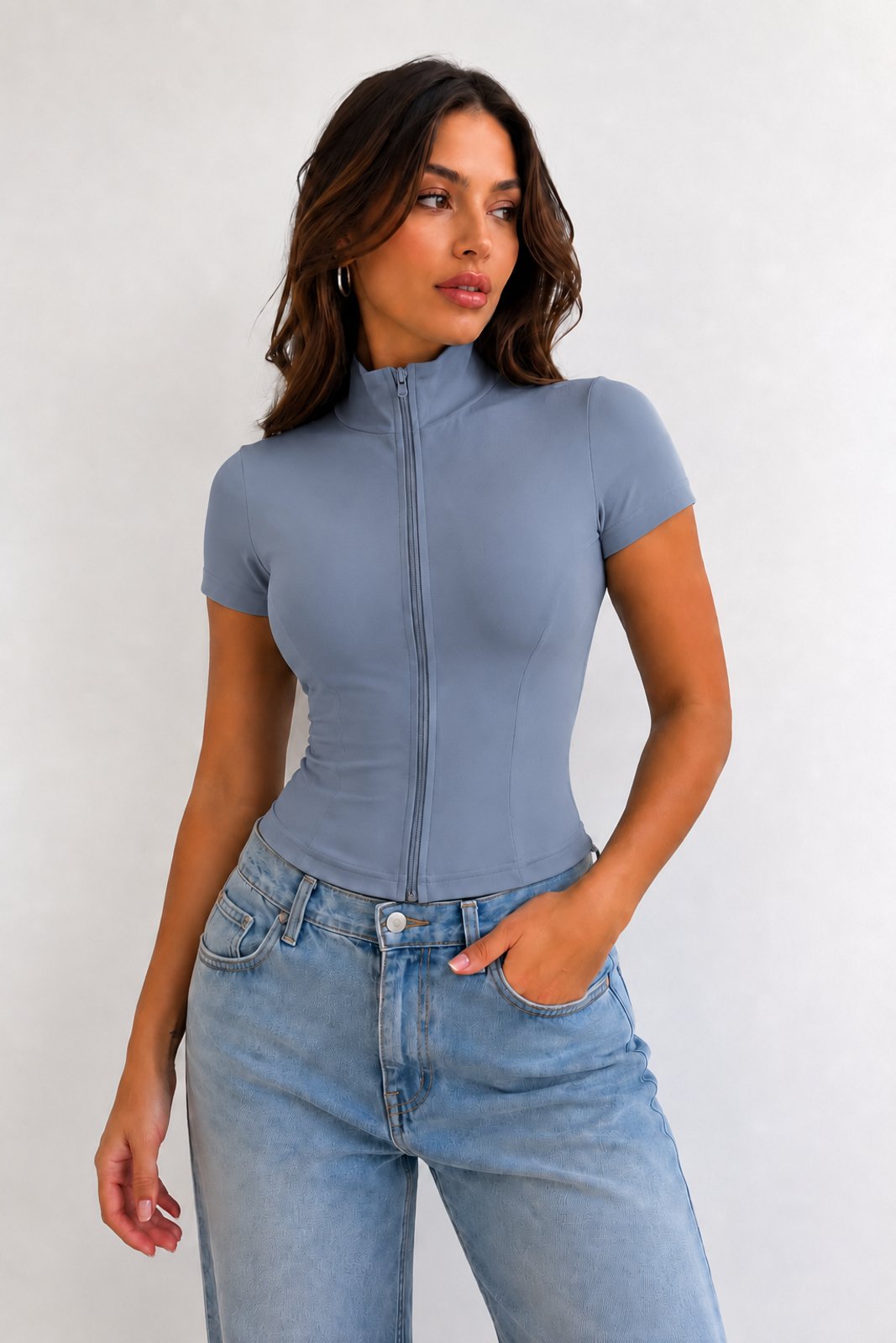 Blusa Feminina D Bell Outlet Fashion Zíper Frontal Azul Acinzentado