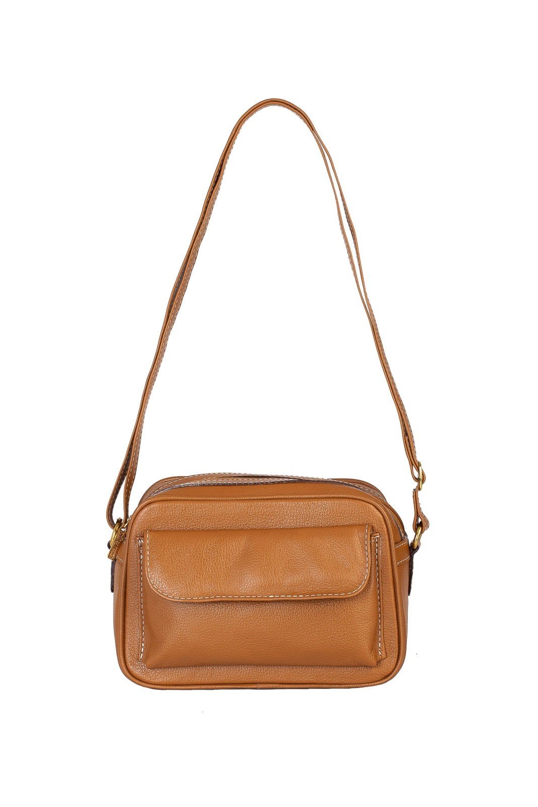 Bolsa quadrada pequena de couro liso Dana - Caramelo