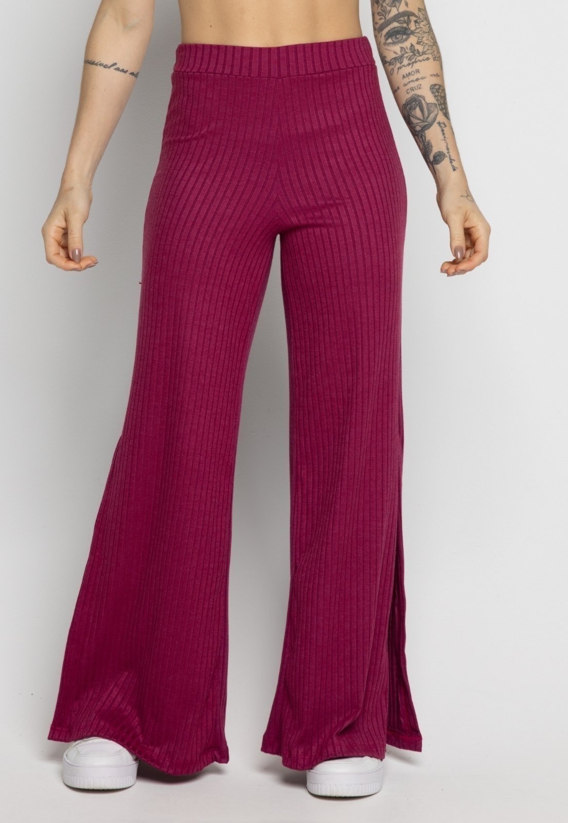 Calça Flare Pantalona Serra e Mar Modas Cintura Alta Com Fenda Chumbo