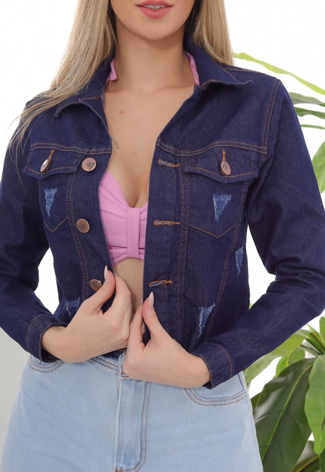 Jaqueta Jeans Feminina Garais Moda Confortável E Estilosa Azul Escuro