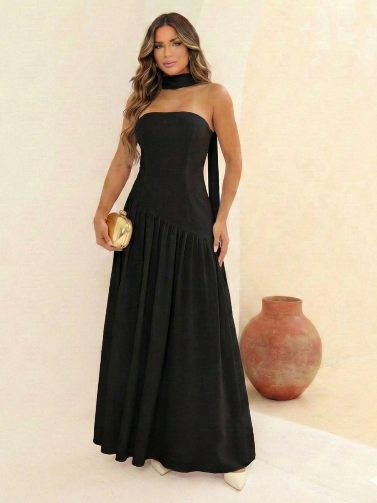Vista 2 Vestido Maxi Feminino Elegante Tomara Que Caia Com Echarpe No Pescoço E Saia Fluida Cintura Assimentrica FS CONCEPT preto FS CONCEPT preto