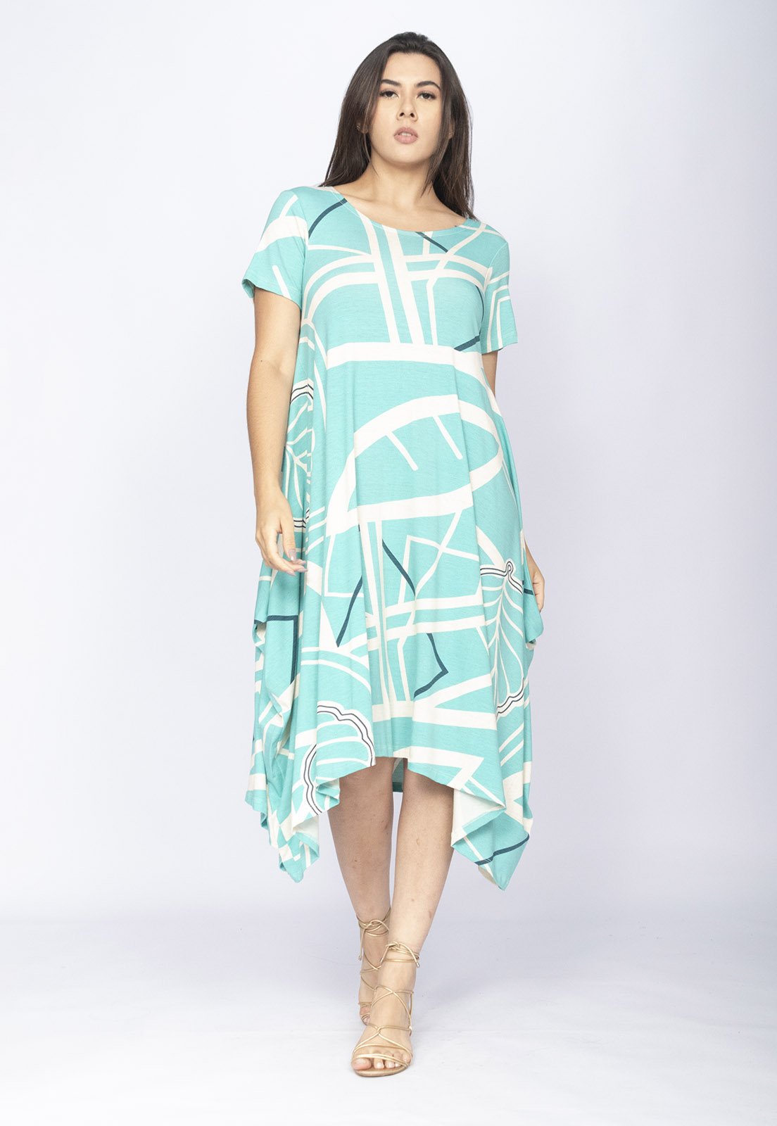 Vestido CabanaFree Saruel Malha Manga Curta Estampa Aqua Flora