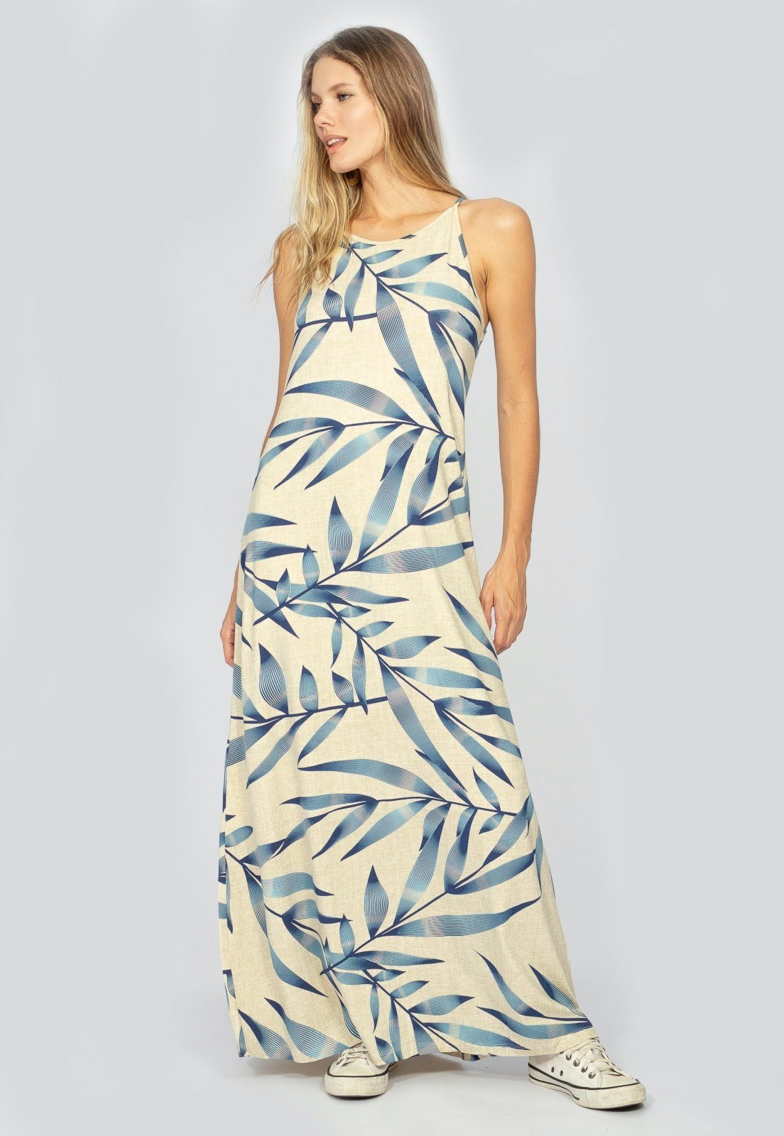 Vestido Longo Amazonia Vital Malha Trapézio Bambu Azul l
