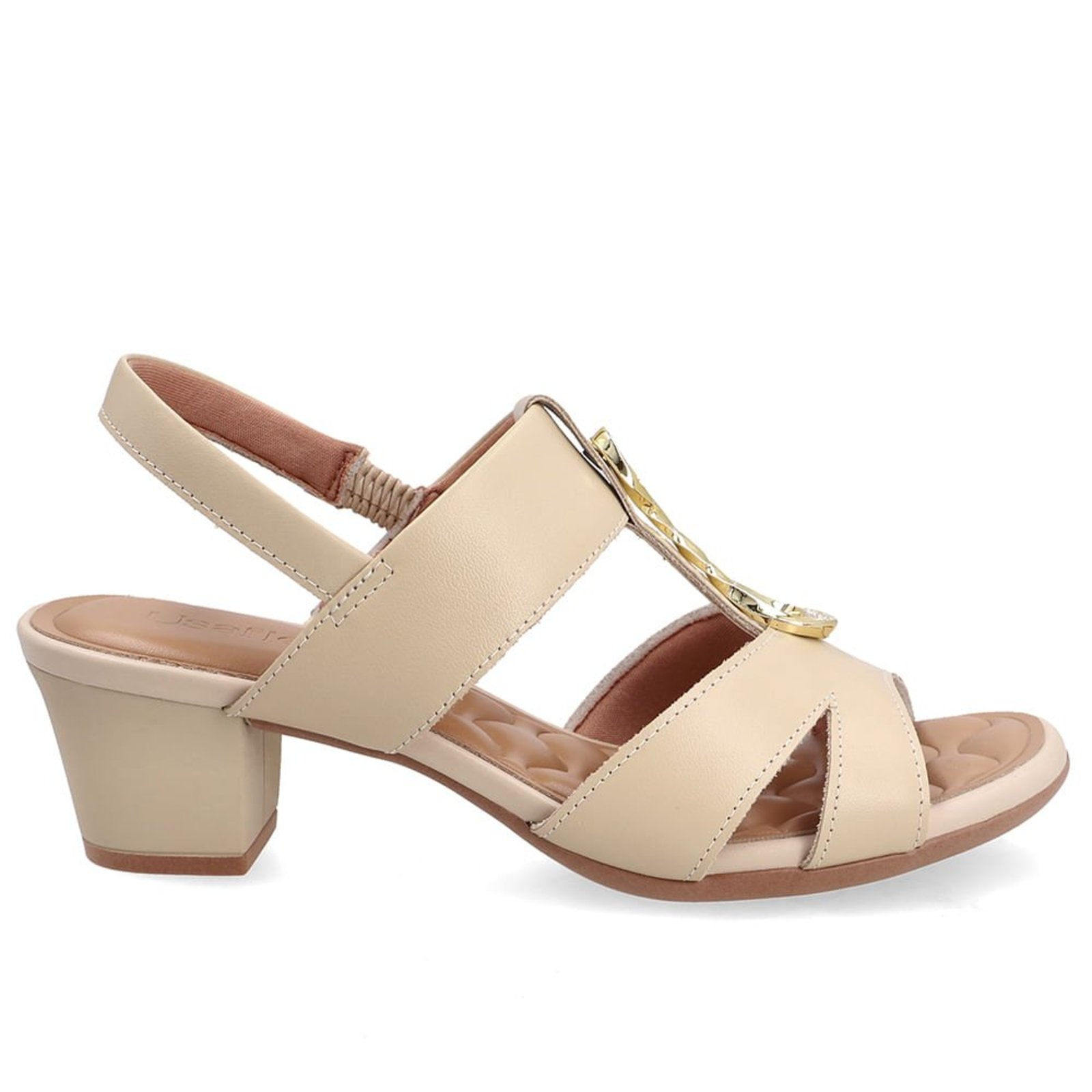 Sandália Em Couro Bege Com Salto Bloco E Enfeite