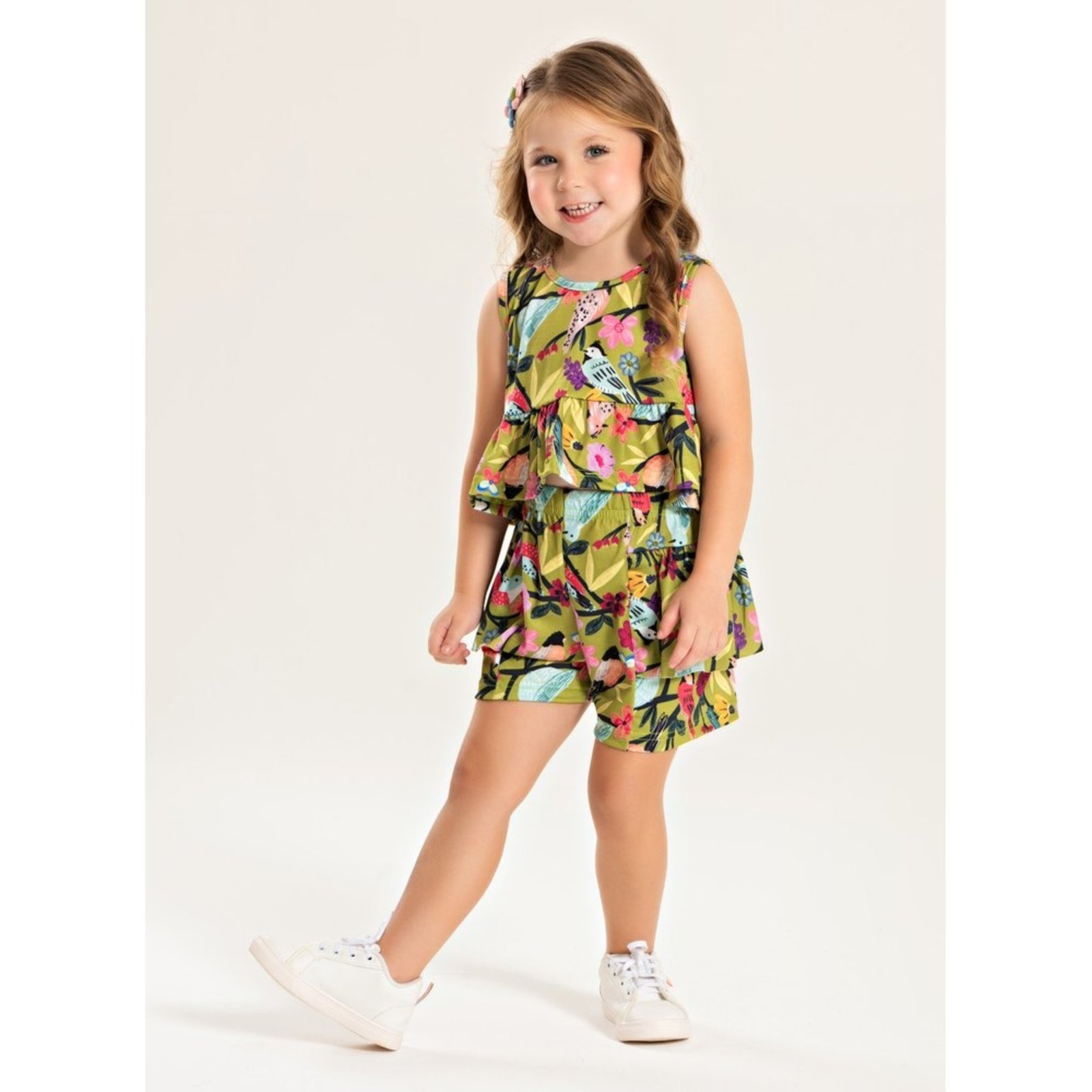 Infantil – Conjunto Verão Menina Verde Cropped Regata e Shorts com Babado Jardim dos Pássaros
