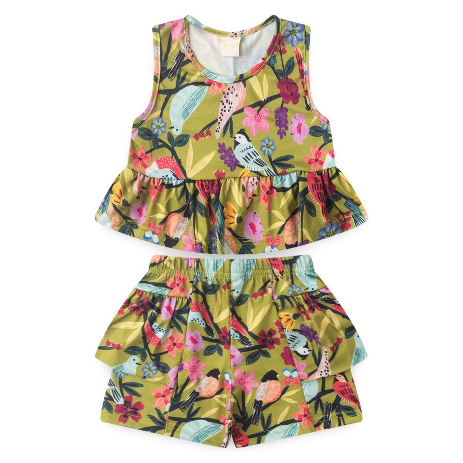 Vista 3 Infantil - Conjunto Verão Menina Cropped Regata e Shorts com Babado Jardim dos Pássaros Molekada verde Molekada verde