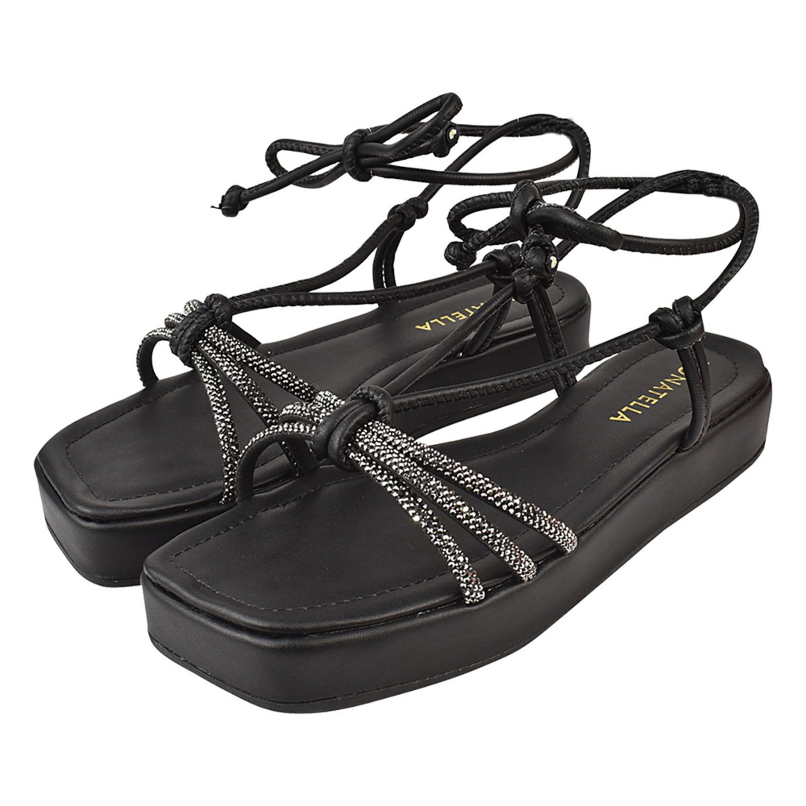 Sandalia Feminina Anabela Plataforma Donatella Shoes Brilho Strass Amarrar Salto Reto Preto