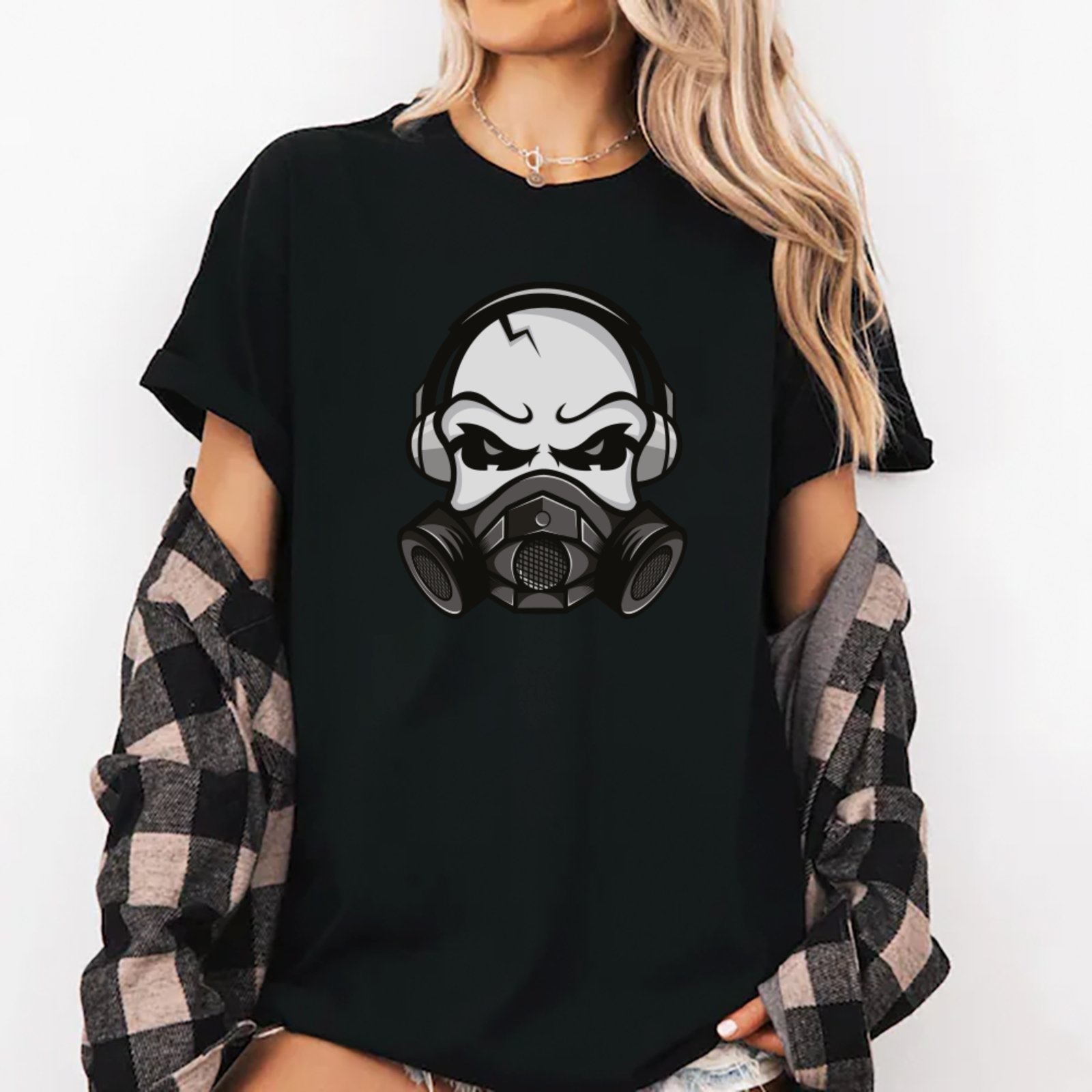 Camiseta Ousy Streetwear Face Cartoon com Headphones Oversized Unissex Preto