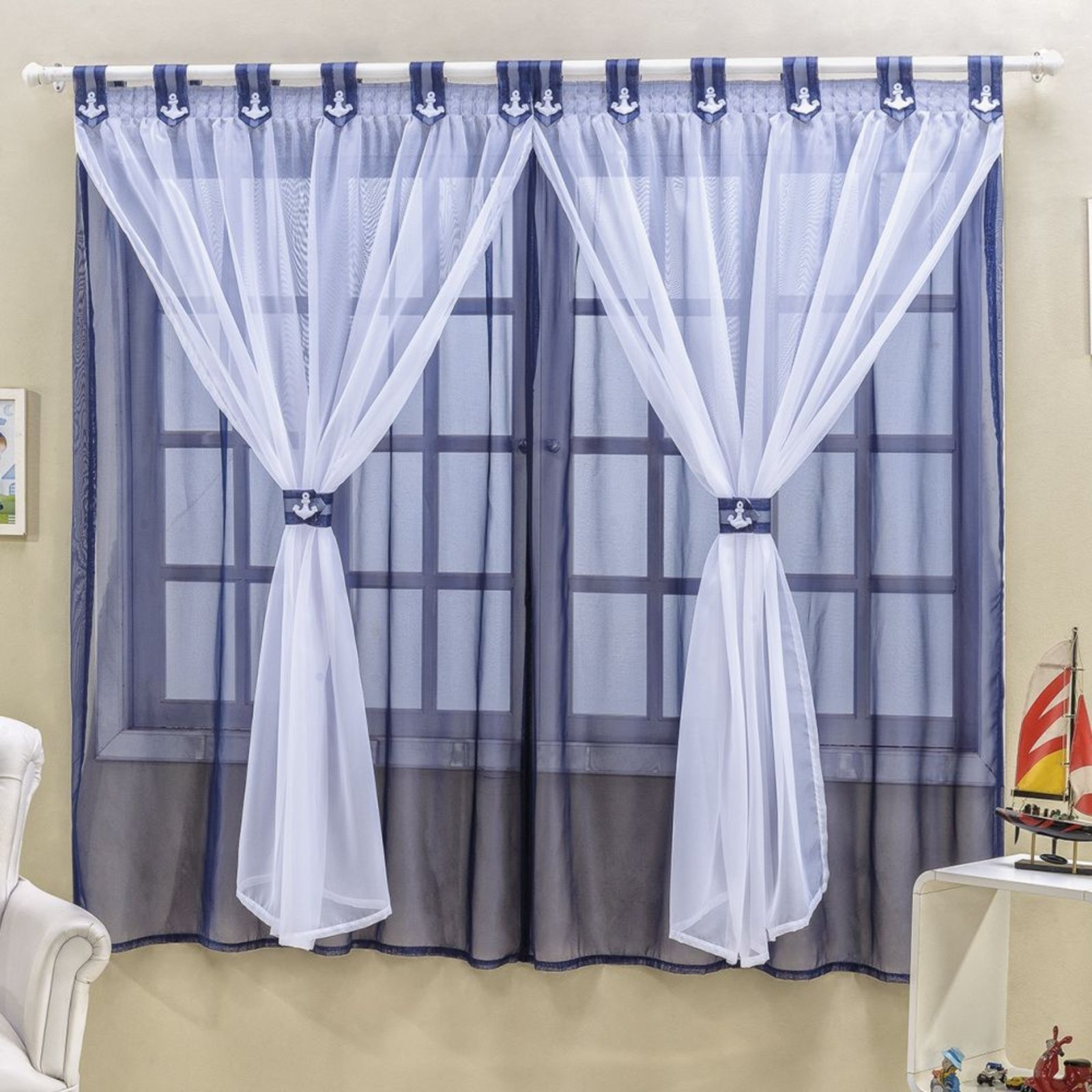 Cortina 2,00m X 1,70m Alt. Decoração Quarto em Voal para Varão - Azul Marinho - 100% Poliéster