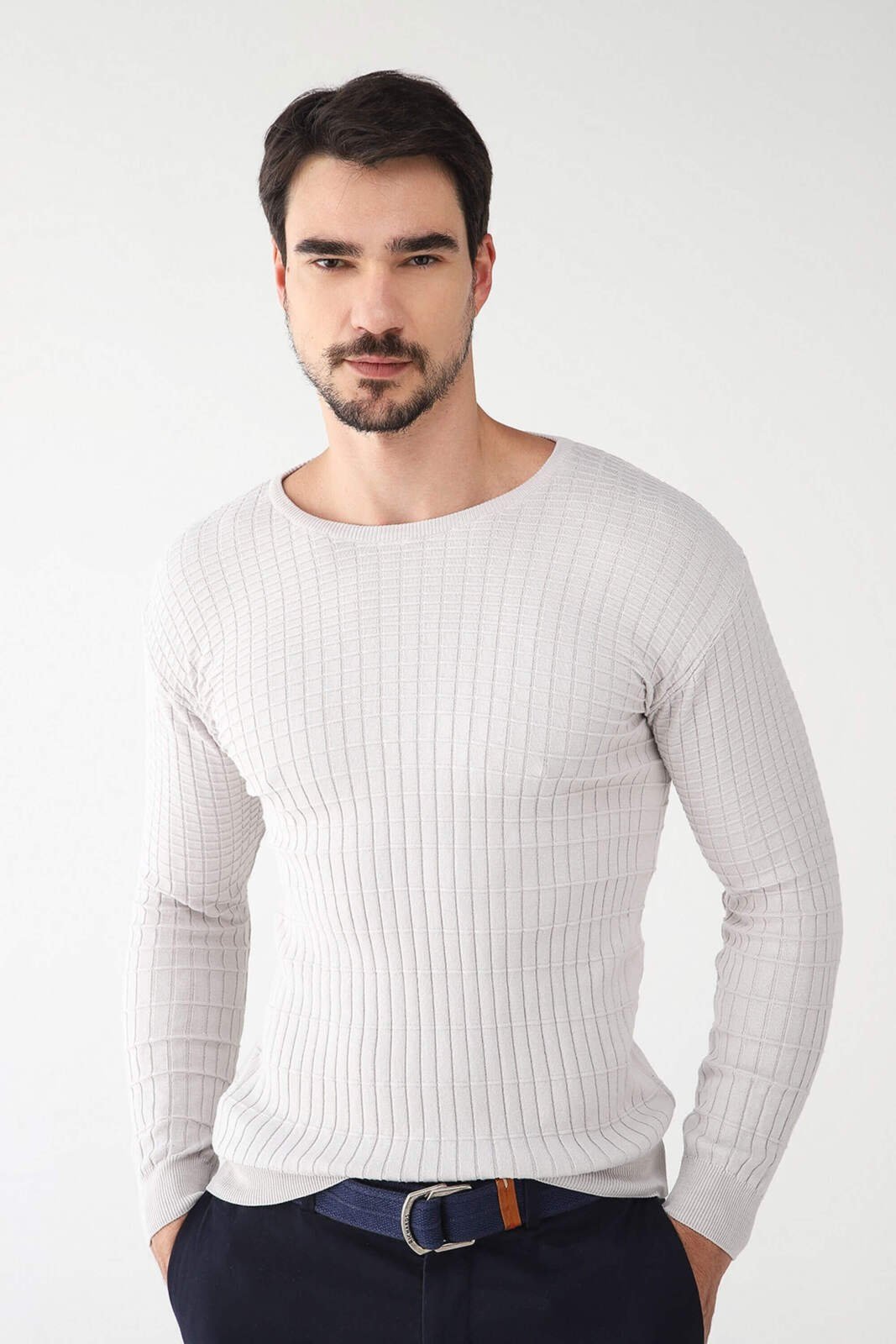 Blusa Tricô Algodão Quadriculada Bege Claro