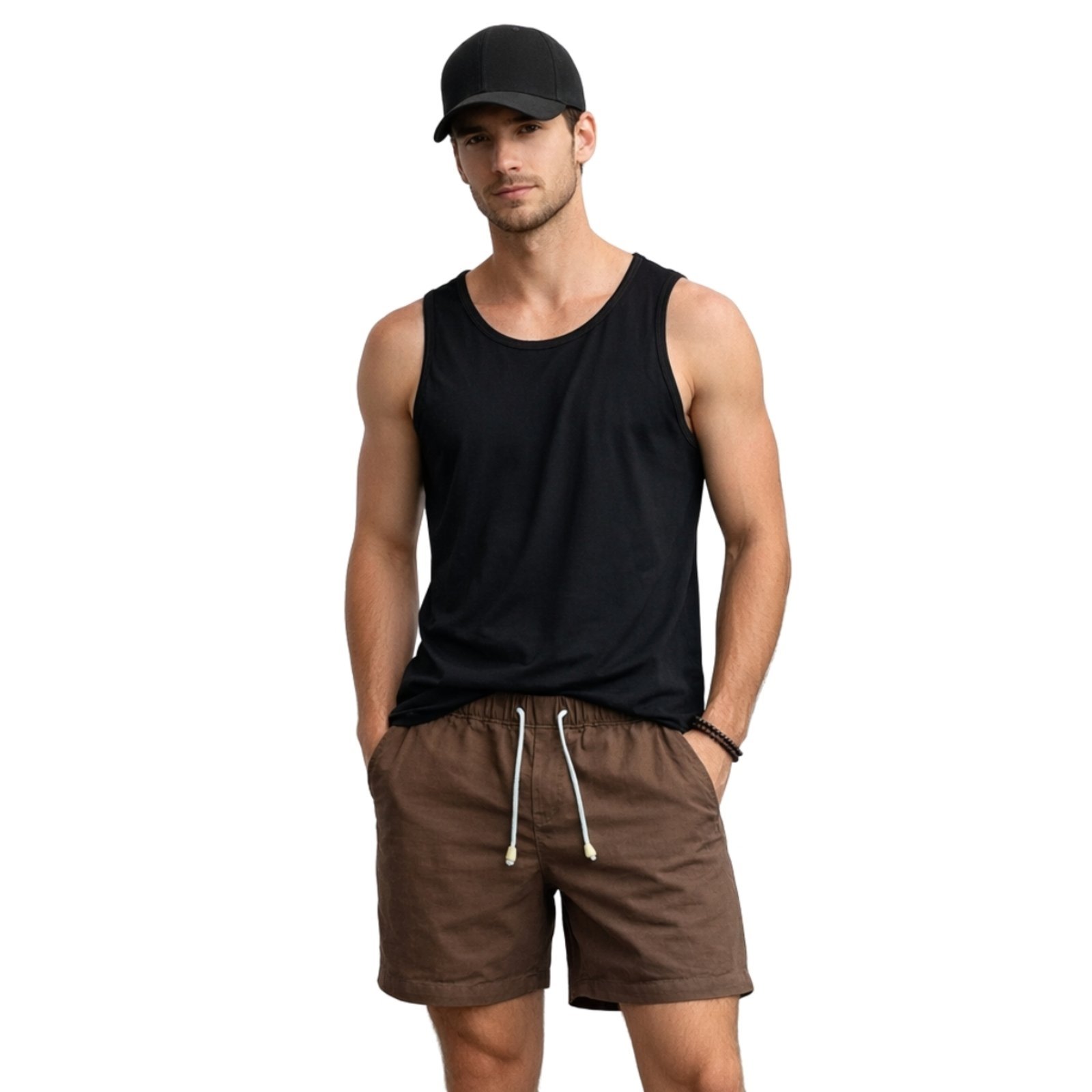 Conjunto Regata Short Linho e Boné 6 Painéis Premium Masculino Moda Praia Luxo