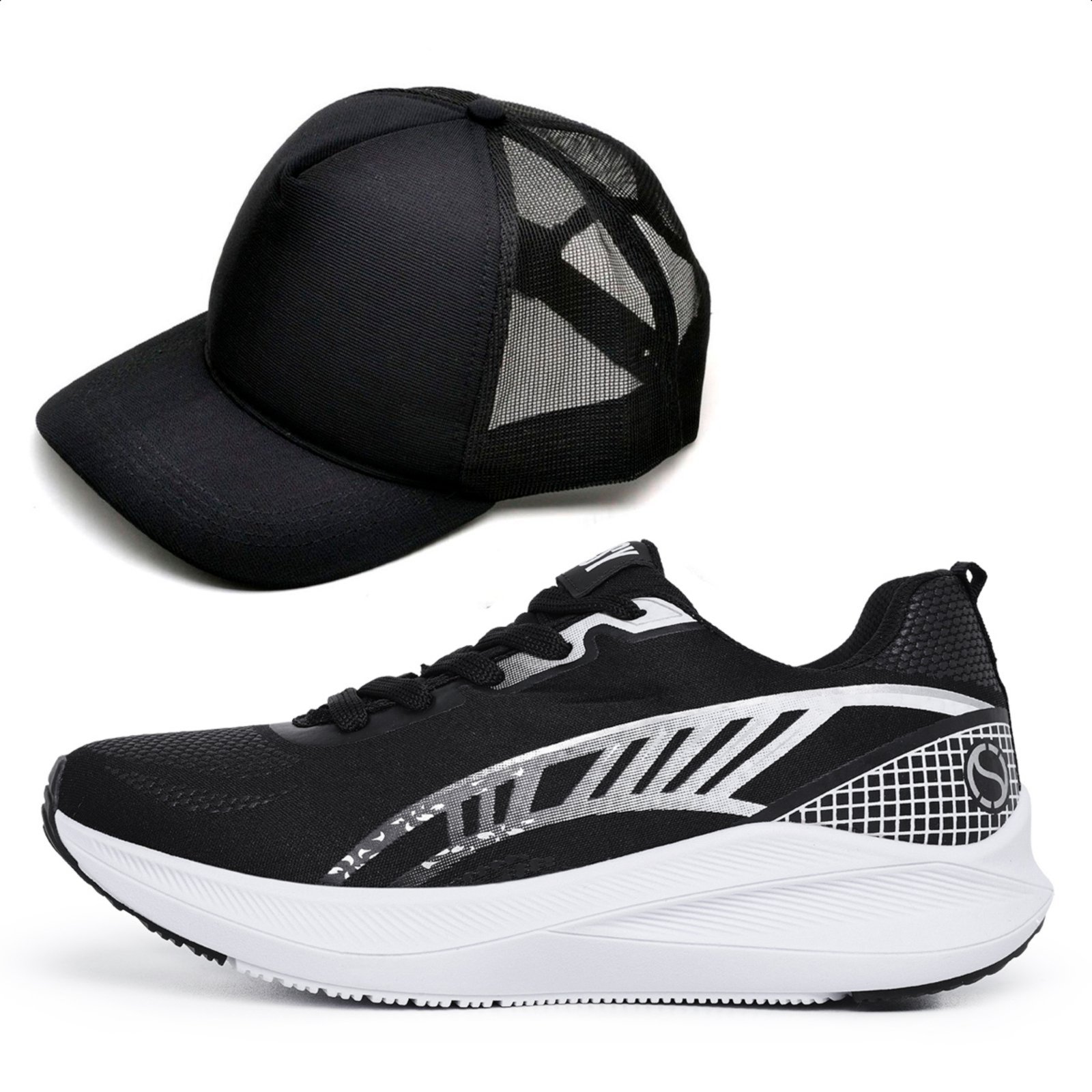 Tênis Masculino Esportivo Izabella Helena Treino Academia Caminhada Fitness Leve Confortável + Boné Preto